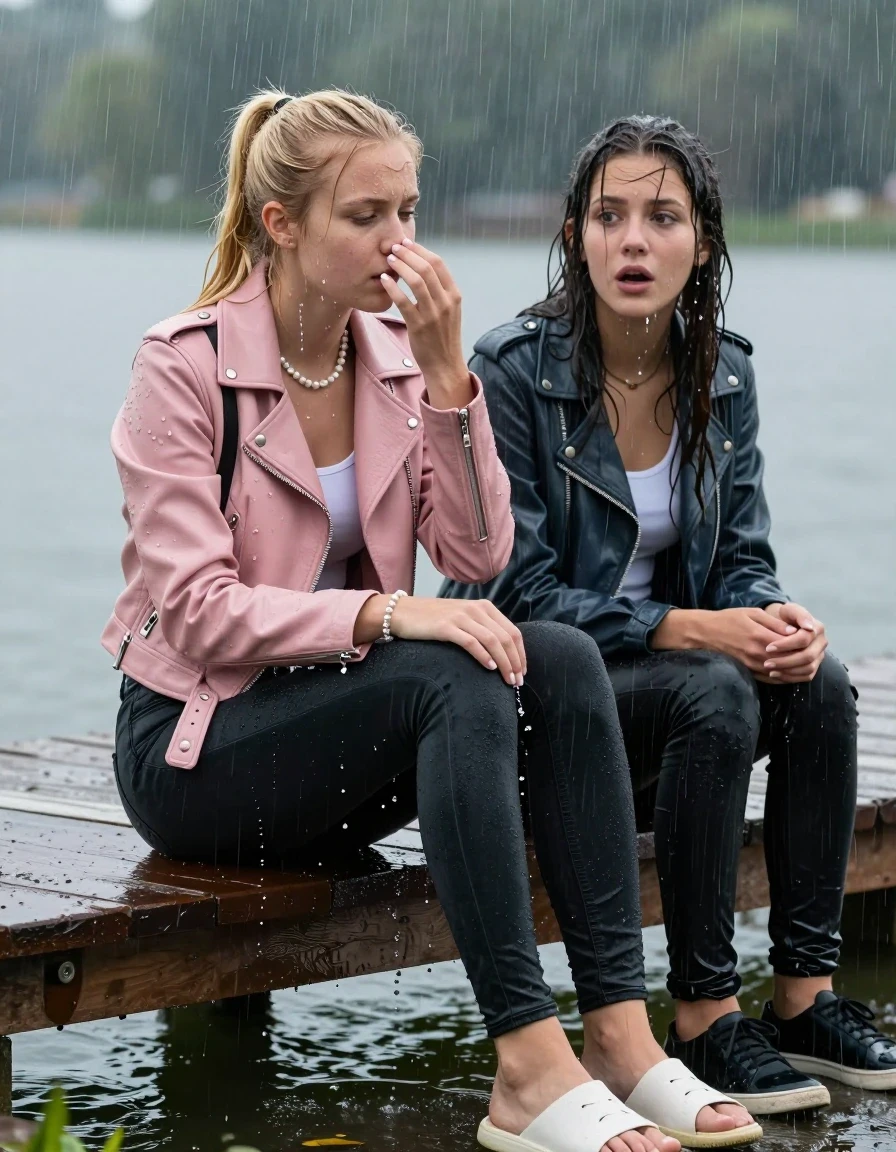 photo of young woman, in soaking wet, drenched clothes,
,  tight black skinny jeans, Light pink biker leatherjacket, crop top, Pearl necklace, bracelet, shoulderbag, fully soaked 15-years-old teenage girl and her friend sitting under heavy rain on a pier at a lake, enjoying wet clothes stuck body, 
enjoying, wet clothes stuck to body,
detailed textures of the wet clothes, wet face, wet plastered hair,
wet, drenched, professional, high-quality details, full body view.
sharp focus, ultra-high pixel detail, realistic, high-quality, full colors, incredibly detailed, 4k, 8k, 16k, hyper-realistic, RAW photo, masterpiece, ultra-detailed, professionally color graded, professional photograph, fully soaked 15-years-old young teenage girl. wet plastered blonde sleek long ponytail. afraid and astonished, open mouth, half closed eyes. holding one hand on her nose. looking slightly up. wet skin, wet clothes, water runs from her body and her clothes in streams. A lot of water also runs out of her clothes. Her clothes are darkened by the water. Her submerged clothes are clinging wet.  The girls wear different clothes., wet skin, wet clothes, damp fabric, wet skin, wet clothes, damp fabric, wet skin, wet clothes, damp fabric