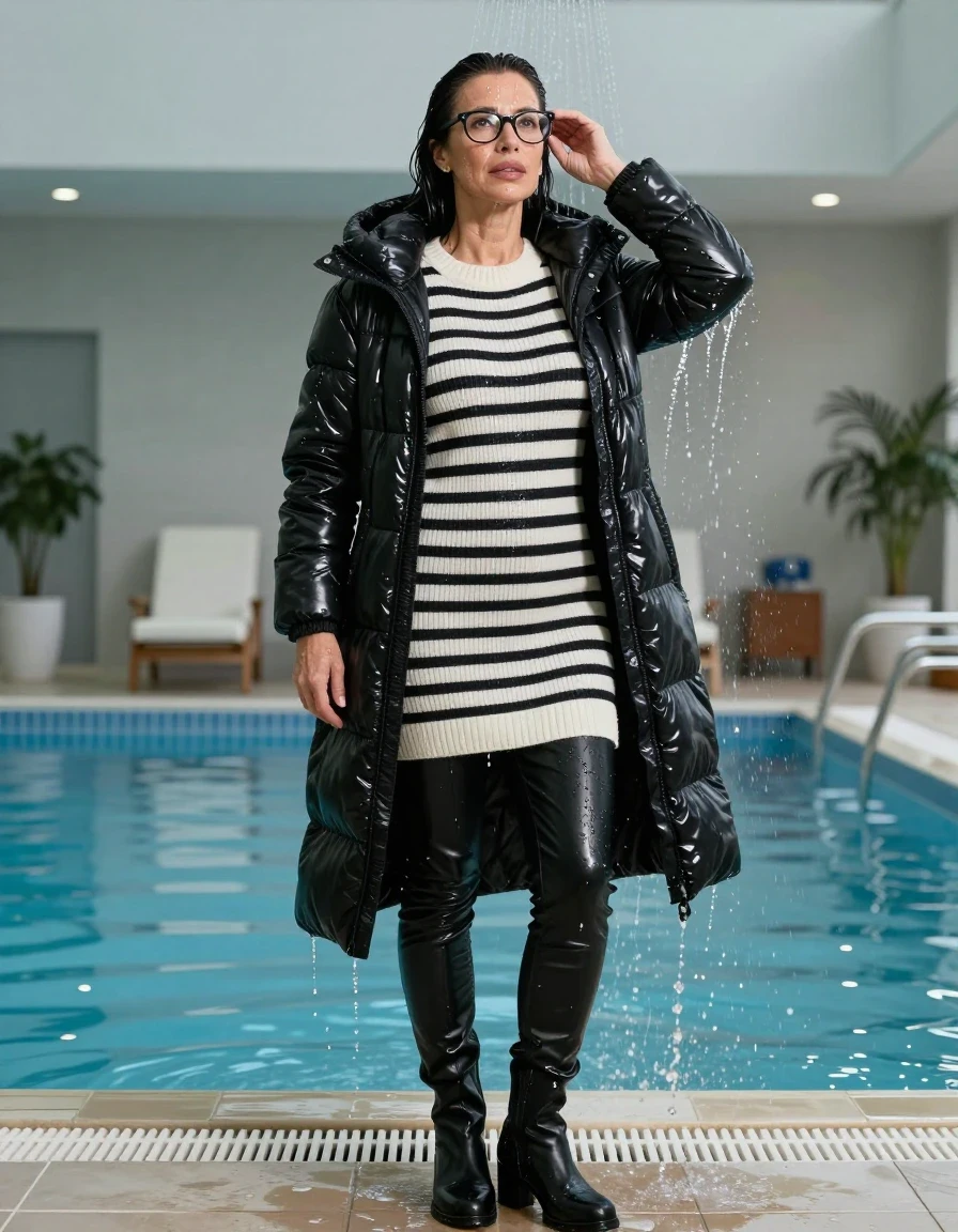 photo of young woman, in soaking wet, drenched clothes,
shoes, long black leather jeans, WHITE & BLACK STRIPED sweater DRESS with neck, maxi black DOWN JACKET, TAKING SHOWER, indoor swimming pool, enjoying wet clothes stuck body, 
enjoying, wet clothes stuck to body,
detailed textures of the wet clothes, wet face, wet plastered hair,
wet, drenched, professional, high-quality details, full body view.
sharp focus, ultra-high pixel detail, realistic, high-quality, full colors, incredibly detailed, 4k, 8k, 16k, hyper-realistic, RAW photo, masterpiece, ultra-detailed, professionally color graded, professional photograph, europen brunette skinny woman 50 years old, long dark black hair, very big and thick lips,  office glasses, complete body, wet skin, wet clothes, damp fabric, wet skin, wet clothes, damp fabric, wet skin, wet clothes, damp fabric, wet skin, wet clothes, damp fabric, wet skin, wet clothes, damp fabric