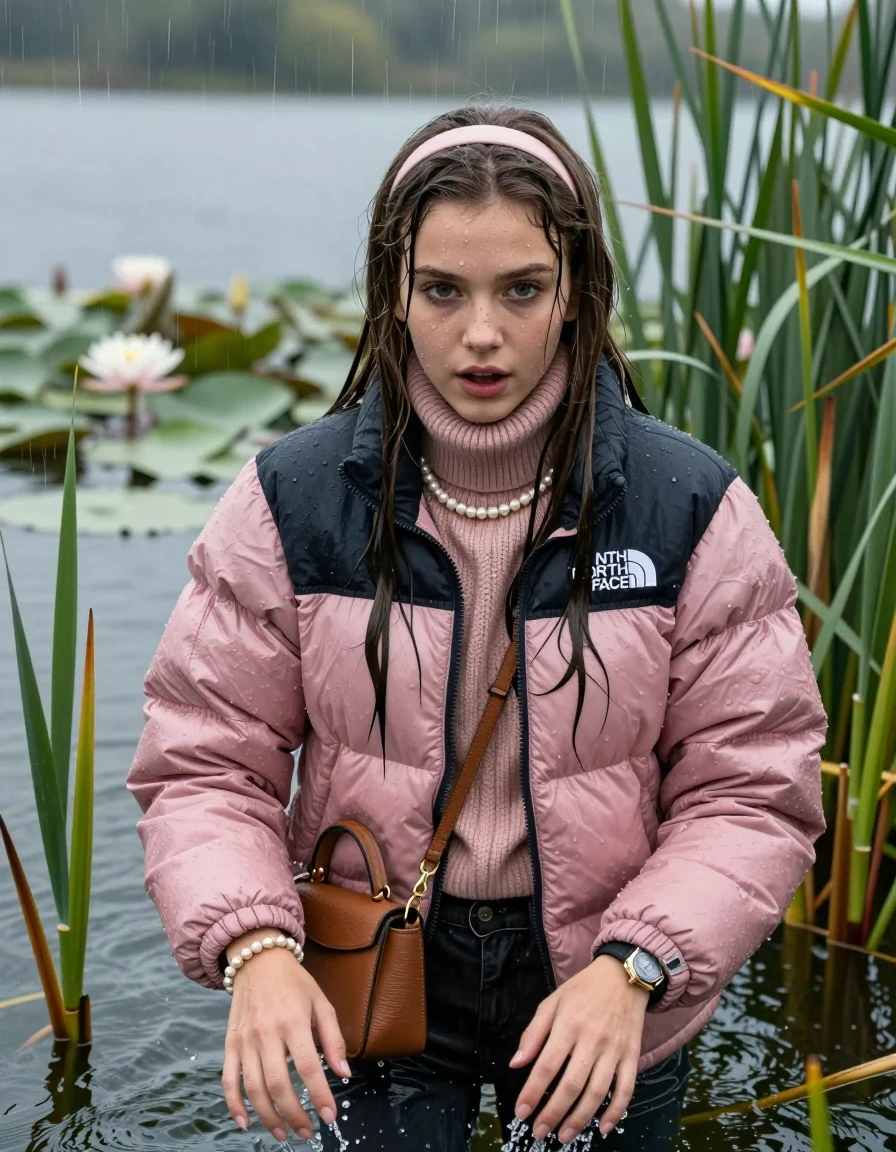 photo of young woman, in soaking wet, drenched clothes,
, , Light pink puffer down jacket from north face,  knit turtleneck sweater, handbag, pearl necklace, bracelet, wristwatch , knitted scarf, Emerging after diving in a lake with water lilies and reeds, rain , 
enjoying, wet clothes stuck to body,
detailed textures of the wet clothes, wet face, wet plastered hair,
wet, drenched, professional, high-quality details, full body view.
sharp focus, ultra-high pixel detail, realistic, high-quality, full colors, incredibly detailed, 4k, 8k, 16k, hyper-realistic, RAW photo, masterpiece, ultra-detailed, professionally color graded, professional photograph, Sleek long straight hair, hairband

19 years old  teenage girl

she is completely underwater up to her neck, enjoy her dip. Looking at camera. Arms in the water.

She hides in the reeds and is surprised by spectators

her submerged clothes are hardly vusible under water, she soaked her handbag into the water

close up view, wet skin, wet clothes, wet hair, damp fabric, water runs down the clothes, wet skin, wet clothes, damp fabric, wet skin, wet clothes, damp fabric, wet skin, wet clothes, damp fabric, wet skin, wet clothes, damp fabric, wet skin, wet clothes, damp fabric, wet skin, wet clothes, damp fabric, wet skin, wet clothes, damp fabric, wet skin, wet clothes, damp fabric, wet skin, wet clothes, damp fabric, wet skin, wet clothes, damp fabric, wet skin, wet clothes, damp fabric, wet skin, wet clothes, damp fabric, wet skin, wet clothes, damp fabric, wet skin, wet clothes, damp fabric