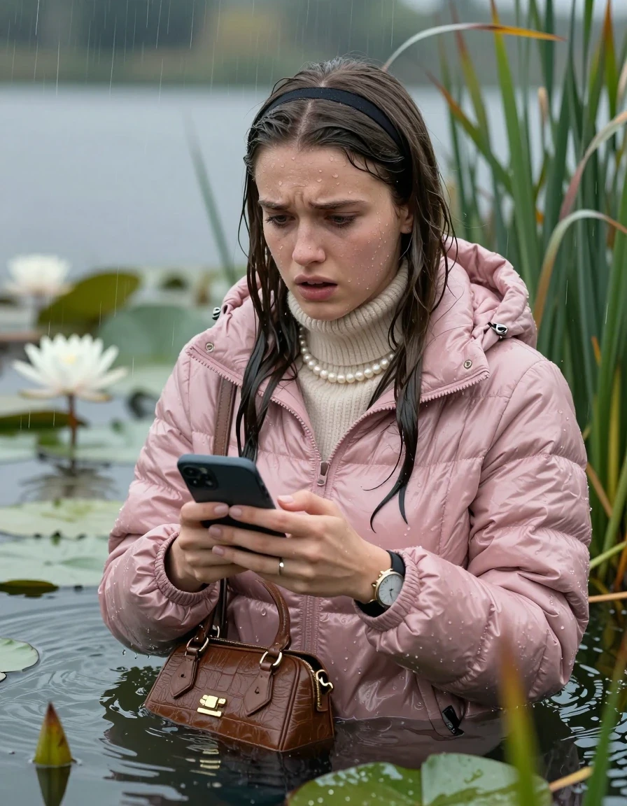 photo of young woman, in soaking wet, drenched clothes,
, , Light pink shiny puffer down jacket from monclare,  knit turtleneck sweater, handbag, pearl necklace, bracelet, wristwatch , Emerging after diving in a lake with water lilies and reeds, rain , 
enjoying, wet clothes stuck to body,
detailed textures of the wet clothes, wet face, wet plastered hair,
wet, drenched, professional, high-quality details, full body view.
sharp focus, ultra-high pixel detail, realistic, high-quality, full colors, incredibly detailed, 4k, 8k, 16k, hyper-realistic, RAW photo, masterpiece, ultra-detailed, professionally color graded, professional photograph, Sleek long straight hair, hairband

19 years old  teenage girl

open mouth, big eyes, hold her smartphone in her hands

she is completely underwater up to her neck, frustrated and sad expression.

She hides in the reeds and is surprised by spectators

her submerged clothes are hardly vusible under water, she soaked her handbag into the water

close up view, wet skin, wet clothes, wet hair, damp fabric, water runs down the clothes, wet skin, wet clothes, damp fabric, wet skin, wet clothes, damp fabric, wet skin, wet clothes, damp fabric, wet skin, wet clothes, damp fabric, wet skin, wet clothes, damp fabric, wet skin, wet clothes, damp fabric, wet skin, wet clothes, damp fabric, wet skin, wet clothes, damp fabric, wet skin, wet clothes, damp fabric, wet skin, wet clothes, damp fabric, wet skin, wet clothes, damp fabric, wet skin, wet clothes, damp fabric, wet skin, wet clothes, damp fabric