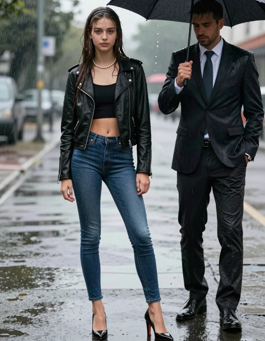 photo of young woman, in soaking wet, drenched clothes,
pumps, soaking wet tight skinny jeans, Black biker leatherjacket, crop top, Pearl necklace, standing in the rain with soaked man in business suit, 
enjoying, wet clothes stuck to body,
detailed textures of the wet clothes, wet face, wet plastered hair,
wet, drenched, professional, high-quality details, full body view.
sharp focus, ultra-high pixel detail, realistic, high-quality, full colors, incredibly detailed, 4k, 8k, 16k, hyper-realistic, RAW photo, masterpiece, ultra-detailed, professionally color graded, professional photograph, A realistic vertical fashion photograph of a 15-years-old young teenage girl. sleek long straight hair with hairband. looking at camera., wet skin, wet clothes, damp fabric, wet skin, wet clothes, damp fabric