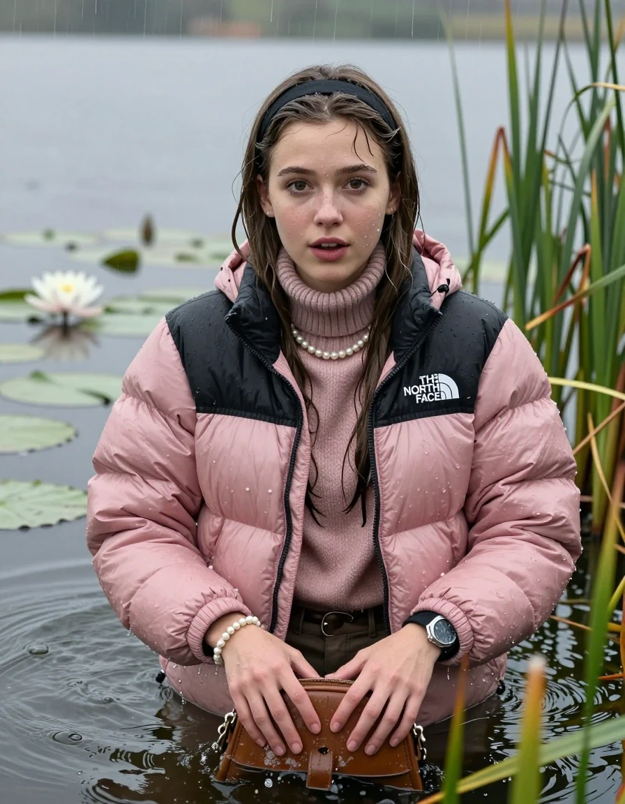 photo of young woman, in soaking wet, drenched clothes,
, , Light pink puffer down jacket from north face,  knit turtleneck sweater, handbag, pearl necklace, bracelet, wristwatch , knitted scarf, Emerging after diving in a lake with water lilies and reeds, rain , 
enjoying, wet clothes stuck to body,
detailed textures of the wet clothes, wet face, wet plastered hair,
wet, drenched, professional, high-quality details, full body view.
sharp focus, ultra-high pixel detail, realistic, high-quality, full colors, incredibly detailed, 4k, 8k, 16k, hyper-realistic, RAW photo, masterpiece, ultra-detailed, professionally color graded, professional photograph, Sleek long straight hair, hairband

19 years old  teenage girl

she is completely underwater up to her neck, enjoying expression. Looking at camera. Arms in the water.

She hides in the reeds and is surprised by spectators

her submerged clothes are hardly vusible under water, she soaked her handbag into the water

close up view, wet skin, wet clothes, wet hair, damp fabric, water runs down the clothes, wet skin, wet clothes, damp fabric, wet skin, wet clothes, damp fabric, wet skin, wet clothes, damp fabric, wet skin, wet clothes, damp fabric, wet skin, wet clothes, damp fabric, wet skin, wet clothes, damp fabric, wet skin, wet clothes, damp fabric, wet skin, wet clothes, damp fabric, wet skin, wet clothes, damp fabric, wet skin, wet clothes, damp fabric, wet skin, wet clothes, damp fabric, wet skin, wet clothes, damp fabric, wet skin, wet clothes, damp fabric, wet skin, wet clothes, damp fabric