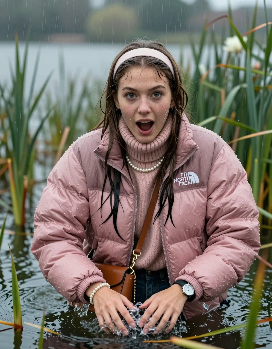 photo of young woman, in soaking wet, drenched clothes,
, , Light pink puffer down jacket from north face,  knit turtleneck sweater, handbag, pearl necklace, bracelet, wristwatch , knitted scarf, Emerging after diving in a lake with water lilies and reeds, rain , 
enjoying, wet clothes stuck to body,
detailed textures of the wet clothes, wet face, wet plastered hair,
wet, drenched, professional, high-quality details, full body view.
sharp focus, ultra-high pixel detail, realistic, high-quality, full colors, incredibly detailed, 4k, 8k, 16k, hyper-realistic, RAW photo, masterpiece, ultra-detailed, professionally color graded, professional photograph, Sleek long straight hair, hairband

19 years old  teenage girl

she is completely underwater up to her neck, excited expression, enjoy her dip. Looking at camera. Arms in the water.

She hides in the reeds and is surprised by spectators

her submerged clothes are hardly vusible under water, she soaked her handbag into the water

close up view, wet skin, wet clothes, wet hair, damp fabric, water runs down the clothes, wet skin, wet clothes, damp fabric, wet skin, wet clothes, damp fabric, wet skin, wet clothes, damp fabric, wet skin, wet clothes, damp fabric, wet skin, wet clothes, damp fabric, wet skin, wet clothes, damp fabric, wet skin, wet clothes, damp fabric, wet skin, wet clothes, damp fabric, wet skin, wet clothes, damp fabric, wet skin, wet clothes, damp fabric, wet skin, wet clothes, damp fabric, wet skin, wet clothes, damp fabric, wet skin, wet clothes, damp fabric, wet skin, wet clothes, damp fabric