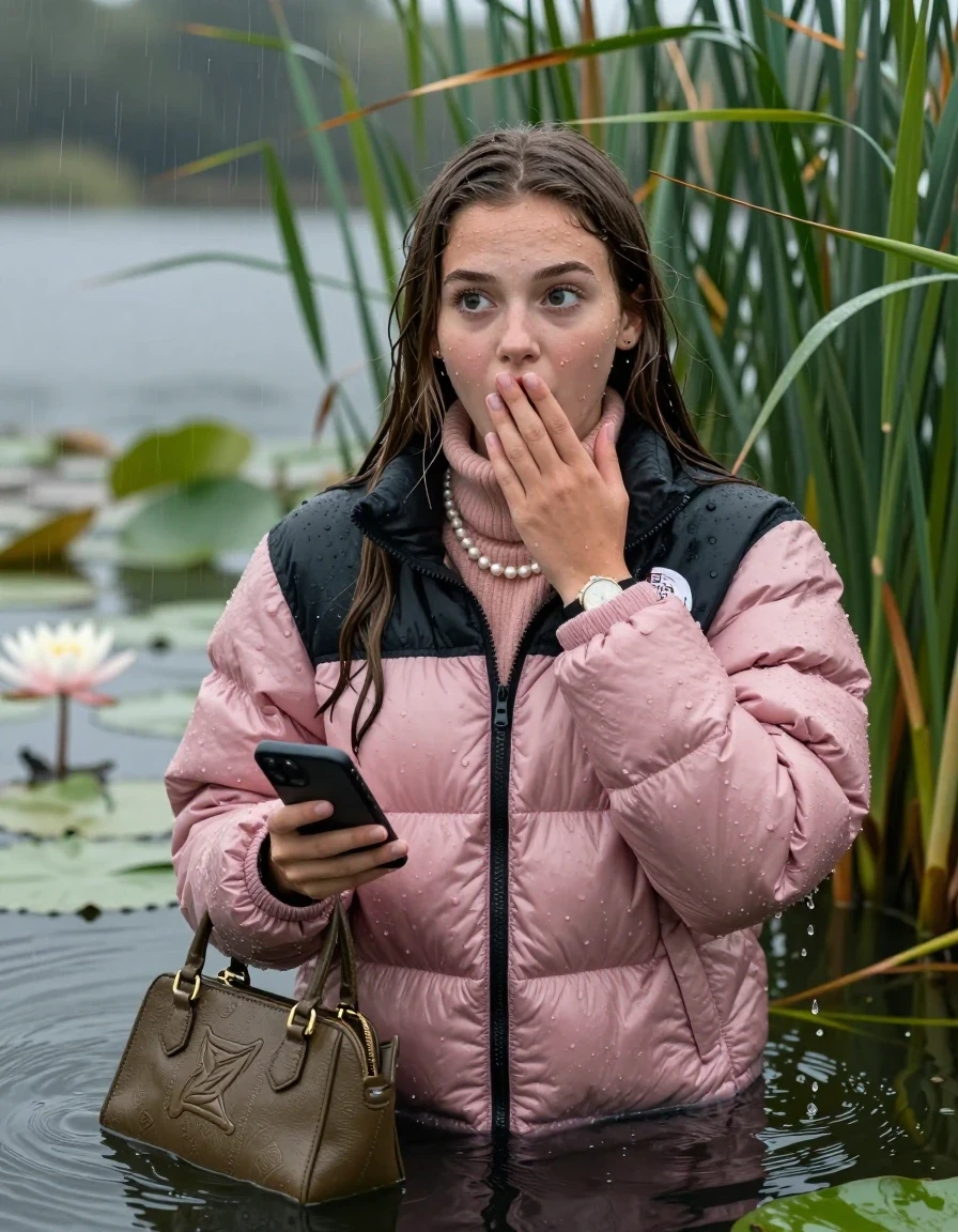 photo of young woman, in soaking wet, drenched clothes,
, , Light pink puffer down jacket from north face,  knit turtleneck sweater, handbag, pearl necklace, bracelet, wristwatch , Emerging after diving in a lake with water lilies and reeds, rain , 
enjoying, wet clothes stuck to body,
detailed textures of the wet clothes, wet face, wet plastered hair,
wet, drenched, professional, high-quality details, full body view.
sharp focus, ultra-high pixel detail, realistic, high-quality, full colors, incredibly detailed, 4k, 8k, 16k, hyper-realistic, RAW photo, masterpiece, ultra-detailed, professionally color graded, professional photograph, Brunette Sleek long straight hair

19 years old  teenage girl

open mouth, big eyes, hold one hand over her mouth and in the other hand her smartphone. Looking to the side.

she is completely underwater up to her neck, afraid and astonished expression.

She hides in the reeds and is surprised by spectators

her submerged clothes are hardly vusible under water, she soaked her handbag into the water

close up view, wet skin, wet clothes, wet hair, damp fabric, water runs down the clothes, wet skin, wet clothes, damp fabric, wet skin, wet clothes, damp fabric, wet skin, wet clothes, damp fabric, wet skin, wet clothes, damp fabric, wet skin, wet clothes, damp fabric, wet skin, wet clothes, damp fabric, wet skin, wet clothes, damp fabric, wet skin, wet clothes, damp fabric, wet skin, wet clothes, damp fabric, wet skin, wet clothes, damp fabric, wet skin, wet clothes, damp fabric, wet skin, wet clothes, damp fabric, wet skin, wet clothes, damp fabric, wet skin, wet clothes, damp fabric, wet skin, wet clothes, damp fabric