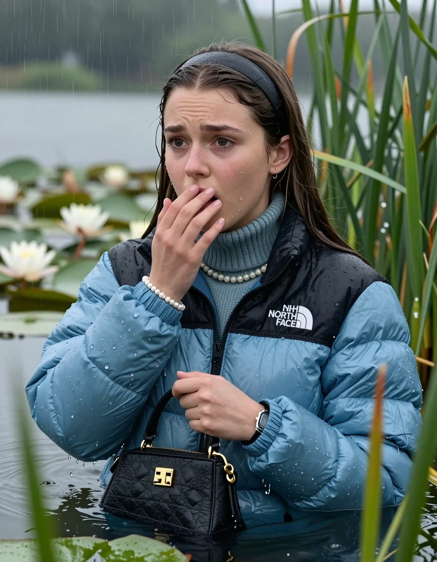 photo of young woman, in soaking wet, drenched clothes,
, , Light blue puffer down jacket from north face,  knit turtleneck sweater, handbag, pearl necklace, bracelet, wristwatch , Emerging after diving in a lake with water lilies and reeds, rain , 
enjoying, wet clothes stuck to body,
detailed textures of the wet clothes, wet face, wet plastered hair,
wet, drenched, professional, high-quality details, full body view.
sharp focus, ultra-high pixel detail, realistic, high-quality, full colors, incredibly detailed, 4k, 8k, 16k, hyper-realistic, RAW photo, masterpiece, ultra-detailed, professionally color graded, professional photograph, Sleek long straight hair, hairband

19 years old  teenage girl

Hold her hand on her mouth, open mouth, big eyes

she is completely underwater up to her neck, frustrated and sad expression.

She hides in the reeds and is surprised by spectators

her submerged clothes are hardly vusible under water, she soaked her handbag into the water

close up view, wet skin, wet clothes, wet hair, damp fabric, water runs down the clothes, wet skin, wet clothes, damp fabric, wet skin, wet clothes, damp fabric, wet skin, wet clothes, damp fabric, wet skin, wet clothes, damp fabric, wet skin, wet clothes, damp fabric, wet skin, wet clothes, damp fabric, wet skin, wet clothes, damp fabric, wet skin, wet clothes, damp fabric, wet skin, wet clothes, damp fabric, wet skin, wet clothes, damp fabric, wet skin, wet clothes, damp fabric, wet skin, wet clothes, damp fabric, wet skin, wet clothes, damp fabric