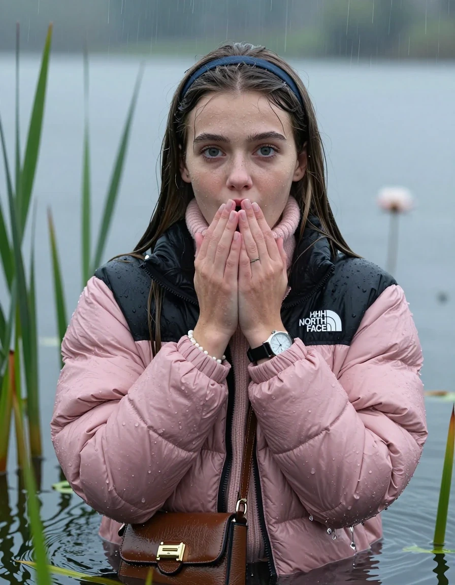 photo of young woman, in soaking wet, drenched clothes,
, , Light pink puffer down jacket from north face,  knit turtleneck sweater, handbag, pearl necklace, bracelet, wristwatch , knitted scarf, Emerging after diving in a lake with water lilies and reeds, rain , 
enjoying, wet clothes stuck to body,
detailed textures of the wet clothes, wet face, wet plastered hair,
wet, drenched, professional, high-quality details, full body view.
sharp focus, ultra-high pixel detail, realistic, high-quality, full colors, incredibly detailed, 4k, 8k, 16k, hyper-realistic, RAW photo, masterpiece, ultra-detailed, professionally color graded, professional photograph, Sleek long straight hair, hairband

19 years old  teenage girl

she is completely underwater up to her neck, careful and shy expression. Looking at camera. Hold a hand over her mouth. Open mouth, big eyes.

She hides in the reeds and is surprised by spectators

her submerged clothes are hardly vusible under water, she soaked her handbag into the water

close up view, wet skin, wet clothes, wet hair, damp fabric, water runs down the clothes, wet skin, wet clothes, damp fabric, wet skin, wet clothes, damp fabric, wet skin, wet clothes, damp fabric, wet skin, wet clothes, damp fabric, wet skin, wet clothes, damp fabric, wet skin, wet clothes, damp fabric, wet skin, wet clothes, damp fabric, wet skin, wet clothes, damp fabric, wet skin, wet clothes, damp fabric, wet skin, wet clothes, damp fabric, wet skin, wet clothes, damp fabric, wet skin, wet clothes, damp fabric, wet skin, wet clothes, damp fabric, wet skin, wet clothes, damp fabric