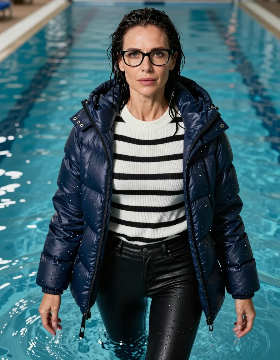 photo of young woman, in soaking wet, drenched clothes,
shoes, long black leather jeans, WHITE & BLACK STRIPED sweater DRESS with neck, maxi dark blue DOWN JACKET, swim under water, indoor swimming pool, enjoying wet clothes stuck body, 
enjoying, wet clothes stuck to body,
detailed textures of the wet clothes, wet face, wet plastered hair,
wet, drenched, professional, high-quality details, full body view.
sharp focus, ultra-high pixel detail, realistic, high-quality, full colors, incredibly detailed, 4k, 8k, 16k, hyper-realistic, RAW photo, masterpiece, ultra-detailed, professionally color graded, professional photograph, europen brunette skinny woman 50 years old, long dark black hair, very big and thick lips,  office glasses, complete body, wet skin, wet clothes, damp fabric, wet skin, wet clothes, damp fabric, wet skin, wet clothes, damp fabric, wet skin, wet clothes, damp fabric, wet skin, wet clothes, damp fabric