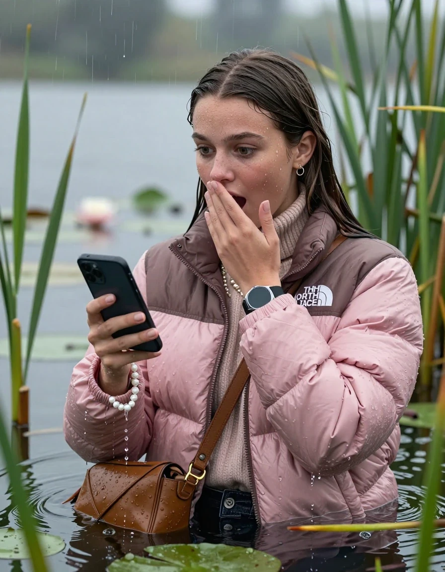 photo of young woman, in soaking wet, drenched clothes,
, , Light pink puffer down jacket from north face,  knit turtleneck sweater, handbag, pearl necklace, bracelet, wristwatch , Emerging after diving in a lake with water lilies and reeds, rain , 
enjoying, wet clothes stuck to body,
detailed textures of the wet clothes, wet face, wet plastered hair,
wet, drenched, professional, high-quality details, full body view.
sharp focus, ultra-high pixel detail, realistic, high-quality, full colors, incredibly detailed, 4k, 8k, 16k, hyper-realistic, RAW photo, masterpiece, ultra-detailed, professionally color graded, professional photograph, Brunette Sleek long straight hair

19 years old  teenage girl

open mouth, big eyes, cover her mouth with a hand and in the other hand her smartphone. Looking to the side.

she is completely underwater up to her neck, afraid and astonished expression.

She hides in the reeds and is surprised by spectators

her submerged clothes are hardly vusible under water, she soaked her handbag into the water

close up view, wet skin, wet clothes, wet hair, damp fabric, water runs down the clothes, wet skin, wet clothes, damp fabric, wet skin, wet clothes, damp fabric, wet skin, wet clothes, damp fabric, wet skin, wet clothes, damp fabric, wet skin, wet clothes, damp fabric, wet skin, wet clothes, damp fabric, wet skin, wet clothes, damp fabric, wet skin, wet clothes, damp fabric, wet skin, wet clothes, damp fabric, wet skin, wet clothes, damp fabric, wet skin, wet clothes, damp fabric, wet skin, wet clothes, damp fabric, wet skin, wet clothes, damp fabric, wet skin, wet clothes, damp fabric, wet skin, wet clothes, damp fabric
