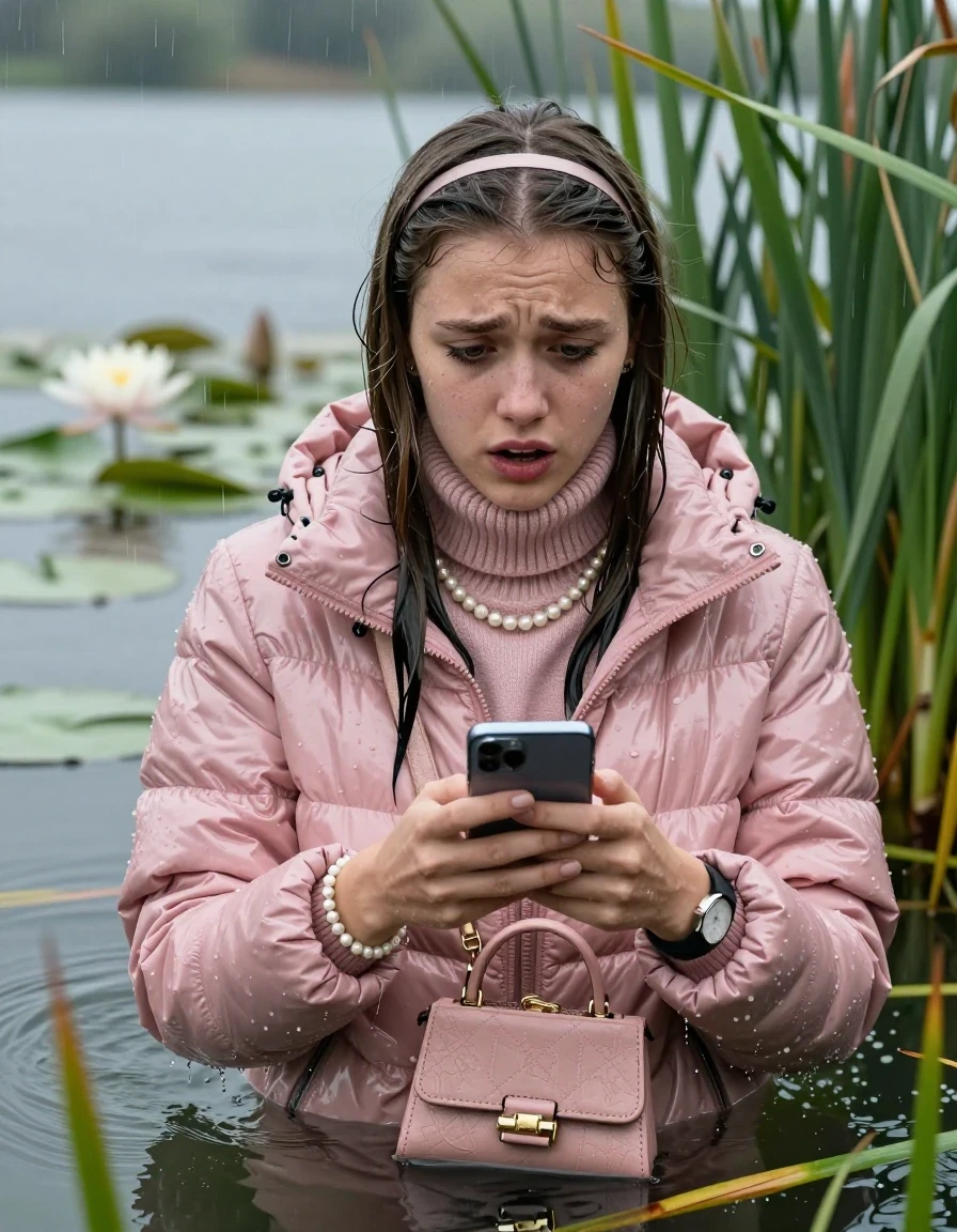 photo of young woman, in soaking wet, drenched clothes,
, , Light pink shiny puffer down jacket from monclare,  knit turtleneck sweater, handbag, pearl necklace, bracelet, wristwatch , Emerging after diving in a lake with water lilies and reeds, rain , 
enjoying, wet clothes stuck to body,
detailed textures of the wet clothes, wet face, wet plastered hair,
wet, drenched, professional, high-quality details, full body view.
sharp focus, ultra-high pixel detail, realistic, high-quality, full colors, incredibly detailed, 4k, 8k, 16k, hyper-realistic, RAW photo, masterpiece, ultra-detailed, professionally color graded, professional photograph, Sleek long straight hair, hairband

19 years old  teenage girl

open mouth, big eyes, hold her smartphone in her hands

she is completely underwater up to her neck, frustrated and sad expression.

She hides in the reeds and is surprised by spectators

her submerged clothes are hardly vusible under water, she soaked her handbag into the water

close up view, wet skin, wet clothes, wet hair, damp fabric, water runs down the clothes, wet skin, wet clothes, damp fabric, wet skin, wet clothes, damp fabric, wet skin, wet clothes, damp fabric, wet skin, wet clothes, damp fabric, wet skin, wet clothes, damp fabric, wet skin, wet clothes, damp fabric, wet skin, wet clothes, damp fabric, wet skin, wet clothes, damp fabric, wet skin, wet clothes, damp fabric, wet skin, wet clothes, damp fabric, wet skin, wet clothes, damp fabric, wet skin, wet clothes, damp fabric, wet skin, wet clothes, damp fabric