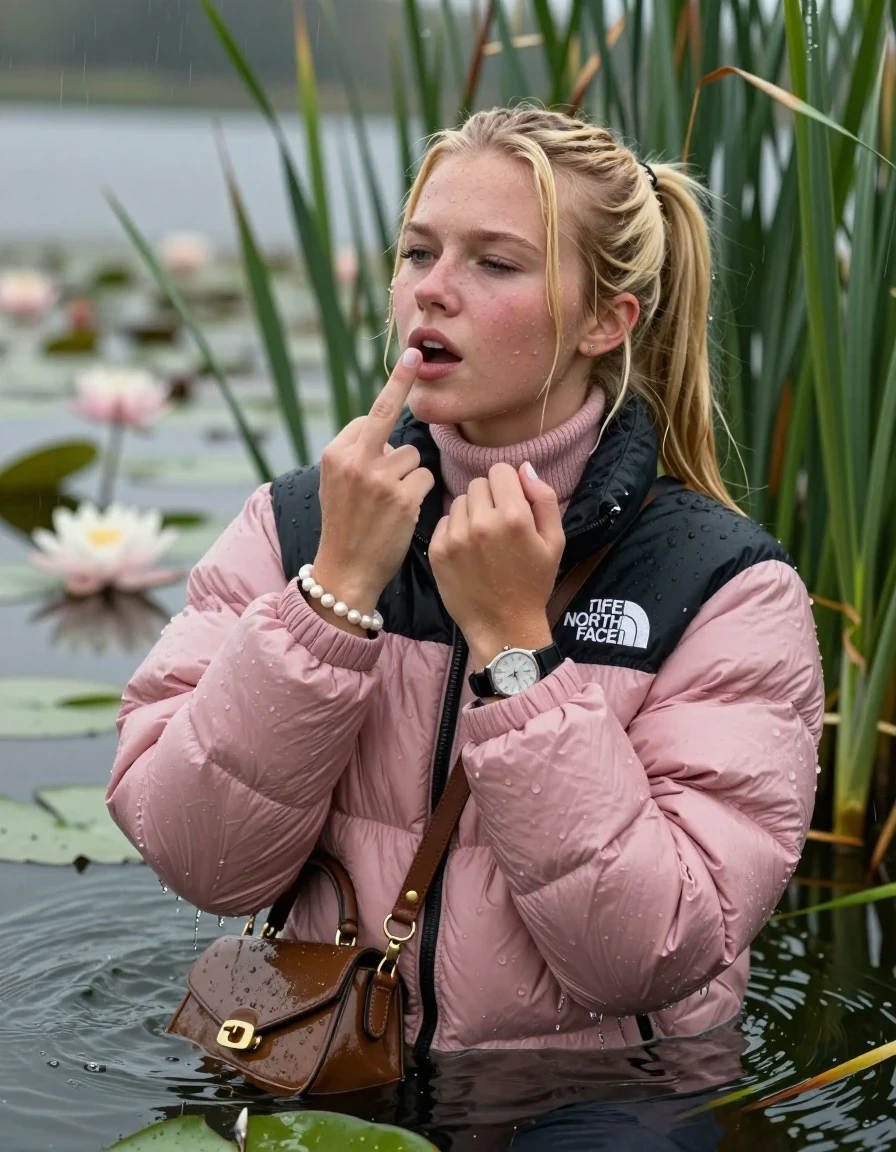 photo of young woman, in soaking wet, drenched clothes,
, , Light pink puffer down jacket from north face,  knit turtleneck sweater, handbag, pearl necklace, bracelet, wristwatch , Emerging after diving in a lake with water lilies and reeds, rain , 
enjoying, wet clothes stuck to body,
detailed textures of the wet clothes, wet face, wet plastered hair,
wet, drenched, professional, high-quality details, full body view.
sharp focus, ultra-high pixel detail, realistic, high-quality, full colors, incredibly detailed, 4k, 8k, 16k, hyper-realistic, RAW photo, masterpiece, ultra-detailed, professionally color graded, professional photograph, Blonde Sleek long ponytail with bangs, hairband

18-years-old  teenage girl

Shows the stink finger, closed mouth, half closed eyes, looking up

she is completely underwater up to her neck, aroused expression.

She hides in the reeds and is surprised by spectators

her submerged clothes are hardly vusible under water, she soaked her handbag into the water

close up view, wet skin, wet clothes, wet hair, damp fabric, water runs down the clothes, wet skin, wet clothes, damp fabric, wet skin, wet clothes, damp fabric, wet skin, wet clothes, damp fabric, wet skin, wet clothes, damp fabric, wet skin, wet clothes, damp fabric, wet skin, wet clothes, damp fabric, wet skin, wet clothes, damp fabric, wet skin, wet clothes, damp fabric, wet skin, wet clothes, damp fabric, wet skin, wet clothes, damp fabric, wet skin, wet clothes, damp fabric, wet skin, wet clothes, damp fabric