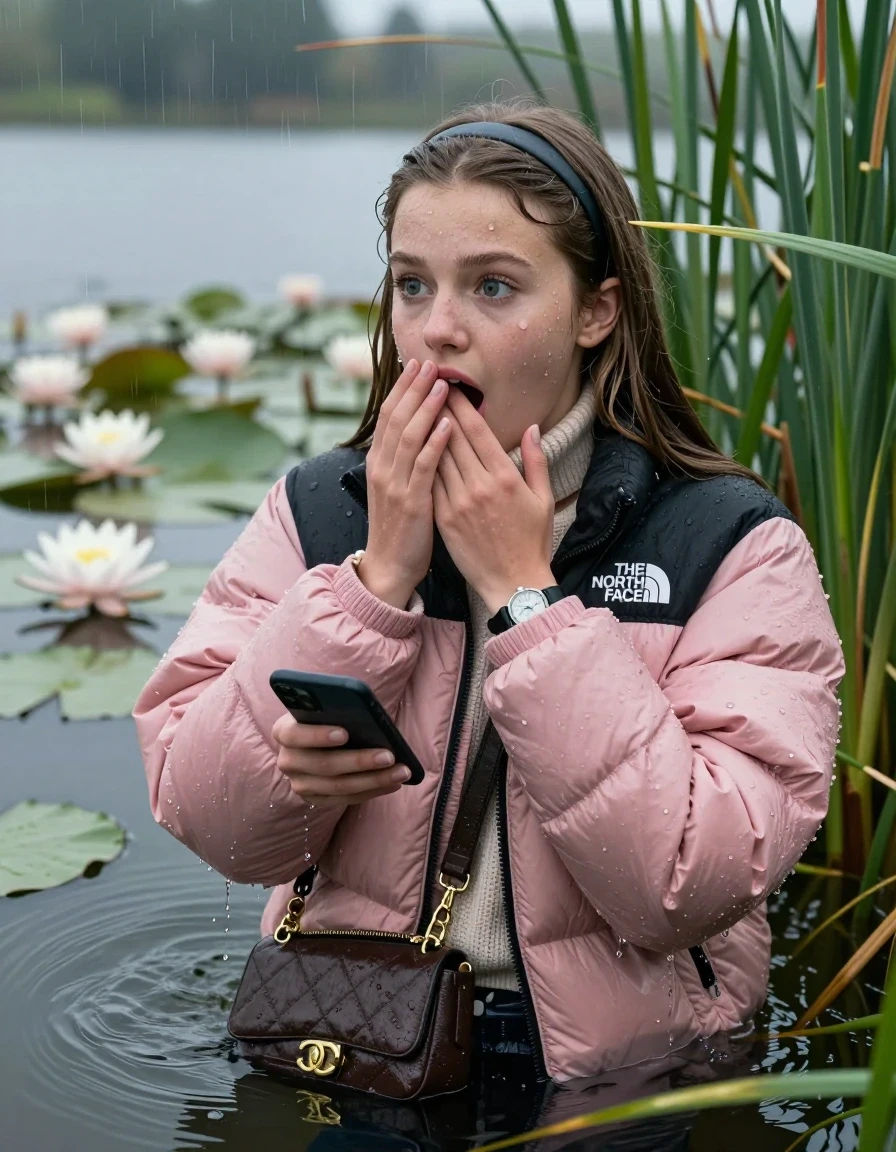 photo of young woman, in soaking wet, drenched clothes,
, , Light pink puffer down jacket from north face,  knit turtleneck sweater, handbag, pearl necklace, bracelet, wristwatch , Emerging after diving in a lake with water lilies and reeds, rain , 
enjoying, wet clothes stuck to body,
detailed textures of the wet clothes, wet face, wet plastered hair,
wet, drenched, professional, high-quality details, full body view.
sharp focus, ultra-high pixel detail, realistic, high-quality, full colors, incredibly detailed, 4k, 8k, 16k, hyper-realistic, RAW photo, masterpiece, ultra-detailed, professionally color graded, professional photograph, Sleek long straight hair, hairband

19 years old  teenage girl

open mouth, big eyes, hold one hand over her mouth and in the other hand her smartphone. Looking to the side.

she is completely underwater up to her neck, afraid and astonished expression.

She hides in the reeds and is surprised by spectators

her submerged clothes are hardly vusible under water, she soaked her handbag into the water

close up view, wet skin, wet clothes, wet hair, damp fabric, water runs down the clothes, wet skin, wet clothes, damp fabric, wet skin, wet clothes, damp fabric, wet skin, wet clothes, damp fabric, wet skin, wet clothes, damp fabric, wet skin, wet clothes, damp fabric, wet skin, wet clothes, damp fabric, wet skin, wet clothes, damp fabric, wet skin, wet clothes, damp fabric, wet skin, wet clothes, damp fabric, wet skin, wet clothes, damp fabric, wet skin, wet clothes, damp fabric, wet skin, wet clothes, damp fabric, wet skin, wet clothes, damp fabric, wet skin, wet clothes, damp fabric