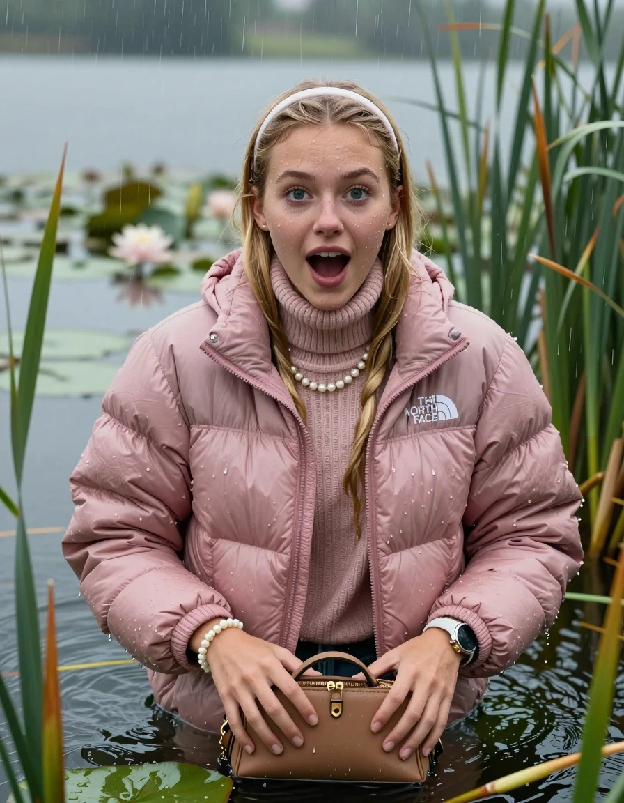 photo of young woman, in soaking wet, drenched clothes,
, , Light pink puffer down jacket from north face,  knit turtleneck sweater, handbag, pearl necklace, bracelet, wristwatch , knitted scarf, Emerging after diving in a lake with water lilies and reeds, rain , 
enjoying, wet clothes stuck to body,
detailed textures of the wet clothes, wet face, wet plastered hair,
wet, drenched, professional, high-quality details, full body view.
sharp focus, ultra-high pixel detail, realistic, high-quality, full colors, incredibly detailed, 4k, 8k, 16k, hyper-realistic, RAW photo, masterpiece, ultra-detailed, professionally color graded, professional photograph, Blonde Sleek long straight hair, hairband

19 years old  teenage girl

open mouth, big eyes 

she is completely underwater up to her neck, satisfied and enthusiastic expression. Looking at camera. Arms in the water.

She hides in the reeds and is surprised by spectators

her submerged clothes are hardly vusible under water, she soaked her handbag into the water

close up view, wet skin, wet clothes, wet hair, damp fabric, water runs down the clothes, wet skin, wet clothes, damp fabric, wet skin, wet clothes, damp fabric, wet skin, wet clothes, damp fabric, wet skin, wet clothes, damp fabric, wet skin, wet clothes, damp fabric, wet skin, wet clothes, damp fabric, wet skin, wet clothes, damp fabric, wet skin, wet clothes, damp fabric, wet skin, wet clothes, damp fabric, wet skin, wet clothes, damp fabric, wet skin, wet clothes, damp fabric, wet skin, wet clothes, damp fabric, wet skin, wet clothes, damp fabric