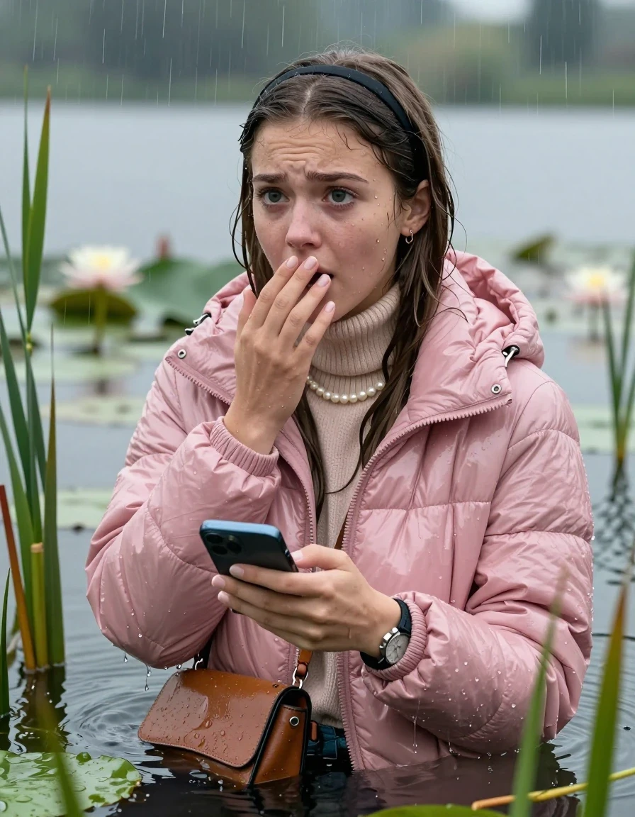 photo of young woman, in soaking wet, drenched clothes,
, , Light pink shiny puffer down jacket from monclare,  knit turtleneck sweater, handbag, pearl necklace, bracelet, wristwatch , Emerging after diving in a lake with water lilies and reeds, rain , 
enjoying, wet clothes stuck to body,
detailed textures of the wet clothes, wet face, wet plastered hair,
wet, drenched, professional, high-quality details, full body view.
sharp focus, ultra-high pixel detail, realistic, high-quality, full colors, incredibly detailed, 4k, 8k, 16k, hyper-realistic, RAW photo, masterpiece, ultra-detailed, professionally color graded, professional photograph, Sleek long straight hair, hairband

19 years old  teenage girl

open mouth, big eyes, hold one hand over her mouth and in the other hand her smartphone. Looking to the side.

she is completely underwater up to her neck, frustrated and sad expression.

She hides in the reeds and is surprised by spectators

her submerged clothes are hardly vusible under water, she soaked her handbag into the water

close up view, wet skin, wet clothes, wet hair, damp fabric, water runs down the clothes, wet skin, wet clothes, damp fabric, wet skin, wet clothes, damp fabric, wet skin, wet clothes, damp fabric, wet skin, wet clothes, damp fabric, wet skin, wet clothes, damp fabric, wet skin, wet clothes, damp fabric, wet skin, wet clothes, damp fabric, wet skin, wet clothes, damp fabric, wet skin, wet clothes, damp fabric, wet skin, wet clothes, damp fabric, wet skin, wet clothes, damp fabric, wet skin, wet clothes, damp fabric, wet skin, wet clothes, damp fabric, wet skin, wet clothes, damp fabric