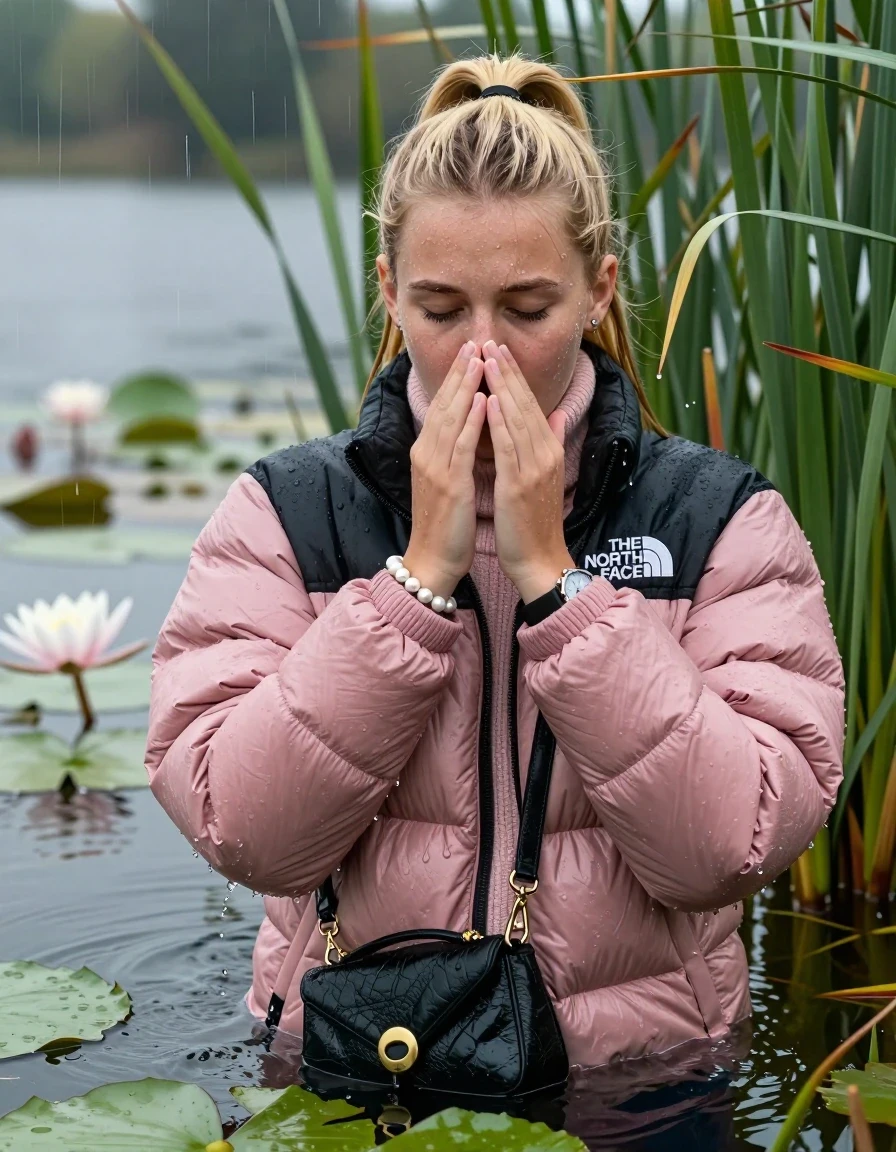 photo of young woman, in soaking wet, drenched clothes,
, , Light pink puffer down jacket from north face,  knit turtleneck sweater, handbag, pearl necklace, bracelet, wristwatch , Emerging after diving in a lake with water lilies and reeds, rain , 
enjoying, wet clothes stuck to body,
detailed textures of the wet clothes, wet face, wet plastered hair,
wet, drenched, professional, high-quality details, full body view.
sharp focus, ultra-high pixel detail, realistic, high-quality, full colors, incredibly detailed, 4k, 8k, 16k, hyper-realistic, RAW photo, masterpiece, ultra-detailed, professionally color graded, professional photograph, Blonde Sleek long ponytail with bangs, hairband

18-years-old  teenage girl

Hold a hands on her nose, open mouth, half closed eyes

she is completely underwater up to her neck, shocked expression.

She hides in the reeds and is surprised by spectators

her submerged clothes are hardly vusible under water, she soaked her handbag into the water

close up view, wet skin, wet clothes, wet hair, damp fabric, water runs down the clothes, wet skin, wet clothes, damp fabric, wet skin, wet clothes, damp fabric, wet skin, wet clothes, damp fabric, wet skin, wet clothes, damp fabric, wet skin, wet clothes, damp fabric, wet skin, wet clothes, damp fabric, wet skin, wet clothes, damp fabric, wet skin, wet clothes, damp fabric, wet skin, wet clothes, damp fabric, wet skin, wet clothes, damp fabric, wet skin, wet clothes, damp fabric, wet skin, wet clothes, damp fabric