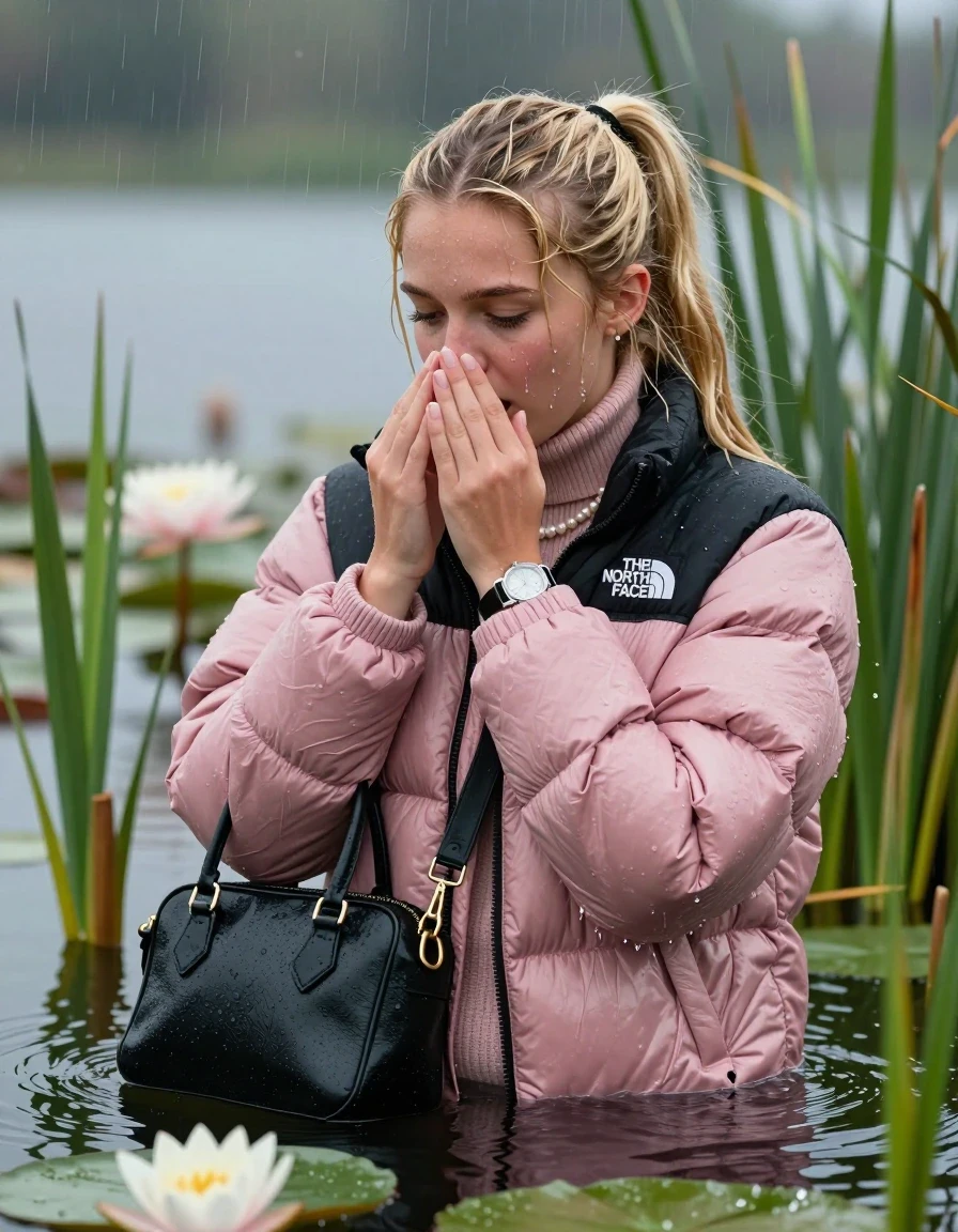 photo of young woman, in soaking wet, drenched clothes,
, , Light pink puffer down jacket from north face,  knit turtleneck sweater, handbag, pearl necklace, bracelet, wristwatch , Emerging after diving in a lake with water lilies and reeds, rain , 
enjoying, wet clothes stuck to body,
detailed textures of the wet clothes, wet face, wet plastered hair,
wet, drenched, professional, high-quality details, full body view.
sharp focus, ultra-high pixel detail, realistic, high-quality, full colors, incredibly detailed, 4k, 8k, 16k, hyper-realistic, RAW photo, masterpiece, ultra-detailed, professionally color graded, professional photograph, Blonde Sleek long ponytail with bangs, hairband

18-years-old  teenage girl

Hold a hands on her nose, open mouth, half closed eyes

she is completely underwater up to her neck, shocked expression.

She hides in the reeds and is surprised by spectators

her submerged clothes are hardly vusible under water, she soaked her handbag into the water

close up view, wet skin, wet clothes, wet hair, damp fabric, water runs down the clothes, wet skin, wet clothes, damp fabric, wet skin, wet clothes, damp fabric, wet skin, wet clothes, damp fabric, wet skin, wet clothes, damp fabric, wet skin, wet clothes, damp fabric, wet skin, wet clothes, damp fabric, wet skin, wet clothes, damp fabric, wet skin, wet clothes, damp fabric, wet skin, wet clothes, damp fabric, wet skin, wet clothes, damp fabric, wet skin, wet clothes, damp fabric, wet skin, wet clothes, damp fabric