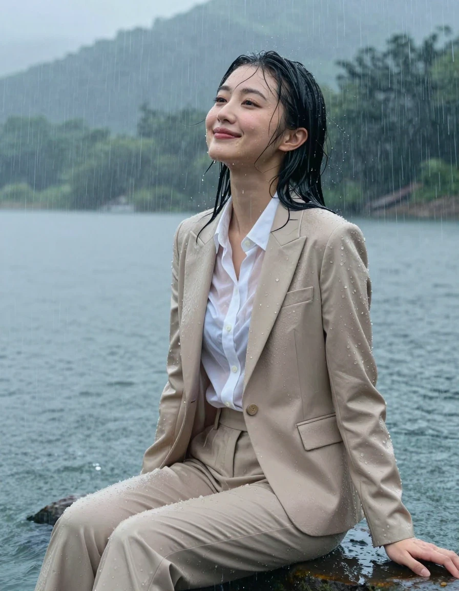 photo of young woman, in soaking wet, drenched clothes,
Beige Business Suit Trouser, Beige Business Suit Jacket with white Button Down longsleeve Shirt, mountain lake with heavy Rain, 
enjoying, wet clothes stuck to body,
detailed textures of the wet clothes, wet face, wet plastered hair,
wet, drenched, professional, high-quality details, full body view.
sharp focus, ultra-high pixel detail, realistic, high-quality, full colors, incredibly detailed, 4k, 8k, 16k, hyper-realistic, RAW photo, masterpiece, ultra-detailed, professionally color graded, professional photograph, Young Japanese Woman, sitting in deep water, smiling a little bit, open eyes, showering under the rain, fully clothed, completely soaked, fully drenched, completely wet, wetlook, heavy rain, Long Layered Cut, side parting hair, rain storm, wet skin, wet clothes, damp fabric, clinging to body, shirt becomes translucent, full body view, 4k high resolution, wet skin, wet clothes, damp fabric, wet skin, wet clothes, damp fabric, wet skin, wet clothes, damp fabric