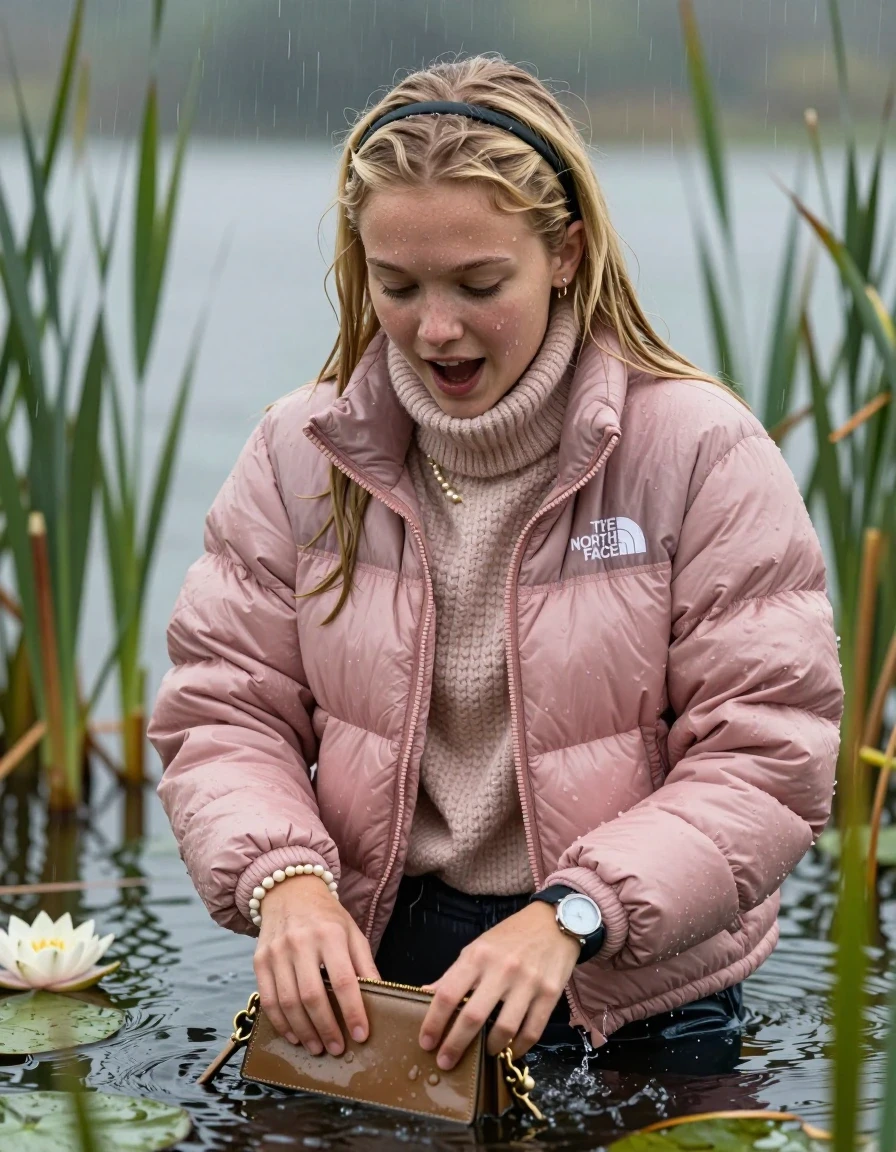 photo of young woman, in soaking wet, drenched clothes,
, , Light pink puffer down jacket from north face,  knit turtleneck sweater, handbag, pearl necklace, bracelet, wristwatch , knitted scarf, Emerging after diving in a lake with water lilies and reeds, rain , 
enjoying, wet clothes stuck to body,
detailed textures of the wet clothes, wet face, wet plastered hair,
wet, drenched, professional, high-quality details, full body view.
sharp focus, ultra-high pixel detail, realistic, high-quality, full colors, incredibly detailed, 4k, 8k, 16k, hyper-realistic, RAW photo, masterpiece, ultra-detailed, professionally color graded, professional photograph, Blonde Sleek long straight hair, hairband

19 years old  teenage girl

open mouth, big eyes 

she is completely underwater up to her neck, satisfied and enthusiastic expression. Looking down.

She hides in the reeds and is surprised by spectators

her submerged clothes are hardly vusible under water, she soaked her handbag into the water

close up view, wet skin, wet clothes, wet hair, damp fabric, water runs down the clothes, wet skin, wet clothes, damp fabric, wet skin, wet clothes, damp fabric, wet skin, wet clothes, damp fabric, wet skin, wet clothes, damp fabric, wet skin, wet clothes, damp fabric, wet skin, wet clothes, damp fabric, wet skin, wet clothes, damp fabric, wet skin, wet clothes, damp fabric, wet skin, wet clothes, damp fabric, wet skin, wet clothes, damp fabric, wet skin, wet clothes, damp fabric, wet skin, wet clothes, damp fabric, wet skin, wet clothes, damp fabric