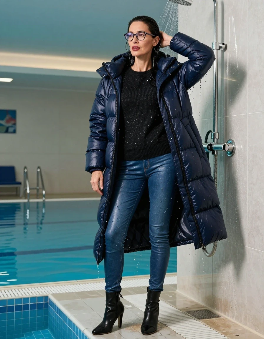 photo of young woman, in soaking wet, drenched clothes,
shoes, long blue leather jeans, BLACK sweater DRESS with neck, maxi dark blue DOWN JACKET, TAKING SHOWER, indoor swimming pool, enjoying wet clothes stuck body, 
enjoying, wet clothes stuck to body,
detailed textures of the wet clothes, wet face, wet plastered hair,
wet, drenched, professional, high-quality details, full body view.
sharp focus, ultra-high pixel detail, realistic, high-quality, full colors, incredibly detailed, 4k, 8k, 16k, hyper-realistic, RAW photo, masterpiece, ultra-detailed, professionally color graded, professional photograph, europen brunette skinny woman 50 years old, long dark black hair, very big and thick lips,  office glasses, complete body, wet skin, wet clothes, damp fabric, wet skin, wet clothes, damp fabric, wet skin, wet clothes, damp fabric, wet skin, wet clothes, damp fabric, wet skin, wet clothes, damp fabric