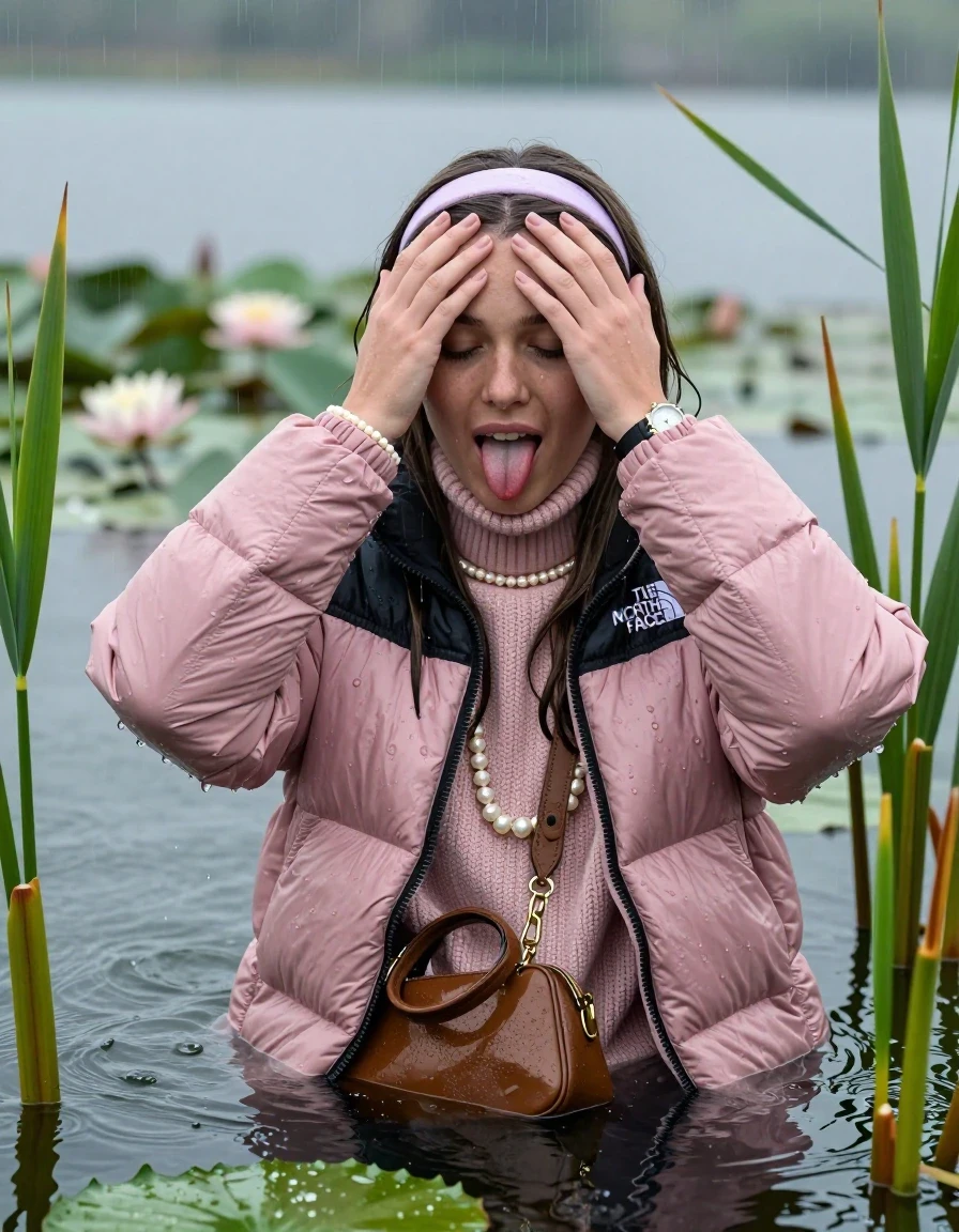 photo of young woman, in soaking wet, drenched clothes,
, , Light pink puffer down jacket from north face,  knit turtleneck sweater, handbag, pearl necklace, bracelet, wristwatch , knitted scarf, Emerging after diving in a lake with water lilies and reeds, rain , 
enjoying, wet clothes stuck to body,
detailed textures of the wet clothes, wet face, wet plastered hair,
wet, drenched, professional, high-quality details, full body view.
sharp focus, ultra-high pixel detail, realistic, high-quality, full colors, incredibly detailed, 4k, 8k, 16k, hyper-realistic, RAW photo, masterpiece, ultra-detailed, professionally color graded, professional photograph, Sleek long straight hair, hairband

19 years old  teenage girl

she is completely underwater up to her shoulders, careful and shy expression. Looking at camera. Hold her hands over her forehead. Open mouth, closed eyes. Stick out her tongue.

She hides in the reeds and is surprised by spectators

her submerged clothes are hardly vusible under water, she soaked her handbag into the water

close up view, wet skin, wet clothes, wet hair, damp fabric, water runs down the clothes, wet skin, wet clothes, damp fabric, wet skin, wet clothes, damp fabric, wet skin, wet clothes, damp fabric, wet skin, wet clothes, damp fabric, wet skin, wet clothes, damp fabric, wet skin, wet clothes, damp fabric, wet skin, wet clothes, damp fabric, wet skin, wet clothes, damp fabric, wet skin, wet clothes, damp fabric, wet skin, wet clothes, damp fabric, wet skin, wet clothes, damp fabric, wet skin, wet clothes, damp fabric, wet skin, wet clothes, damp fabric, wet skin, wet clothes, damp fabric