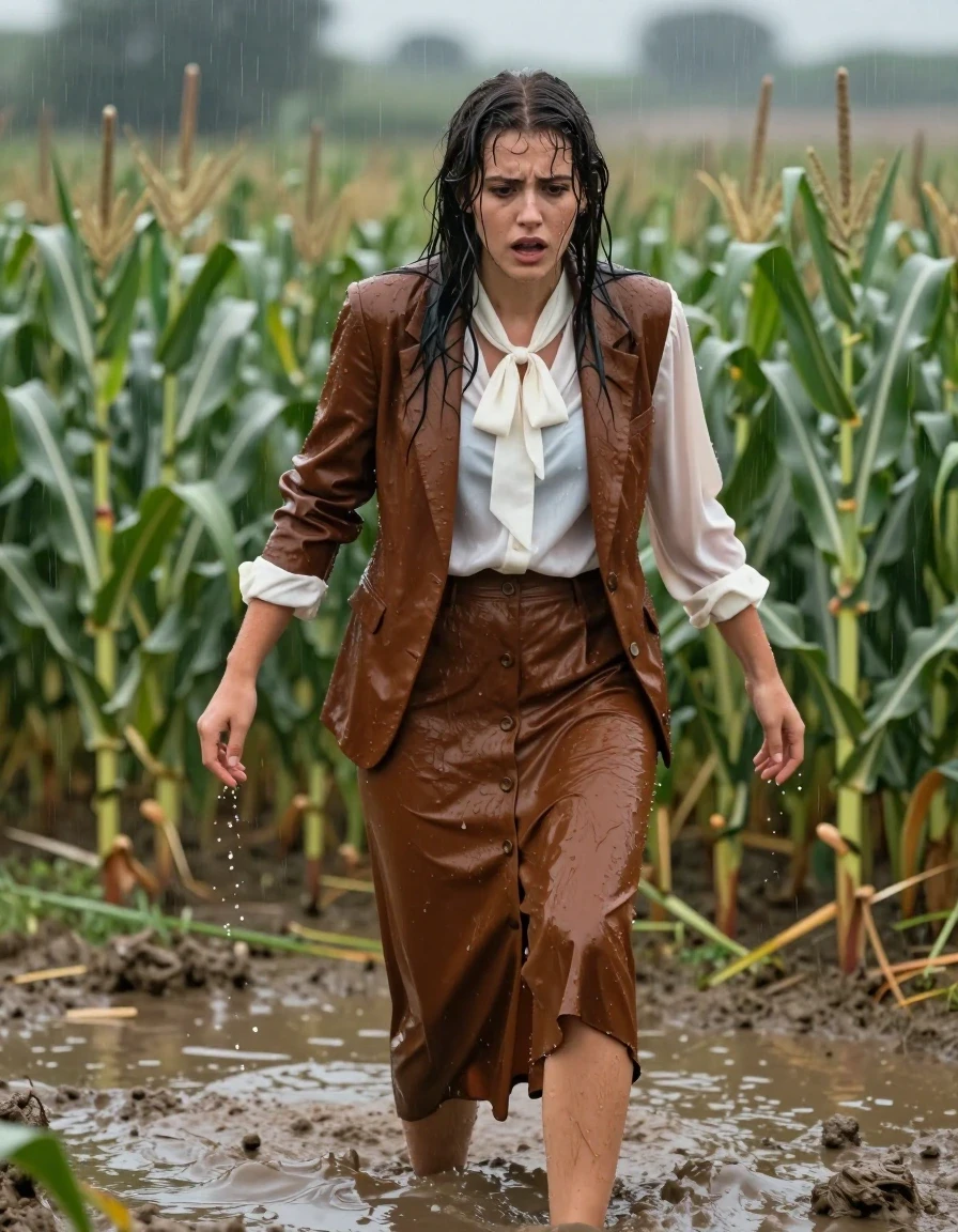 photo of young woman, in soaking wet, drenched clothes,
barefoot, buttoned down brown long skirt, oversized long sleeved white silk blouse with bowtie, brown tuxedo jacket, corn fields, 
enjoying, wet clothes stuck to body,
detailed textures of the wet clothes, wet face, wet plastered hair,
wet, drenched, professional, high-quality details, full body view.
sharp focus, ultra-high pixel detail, realistic, high-quality, full colors, incredibly detailed, 4k, 8k, 16k, hyper-realistic, RAW photo, masterpiece, ultra-detailed, professionally color graded, professional photograph, sinking in the mud during a rainstorm, panicking, wet skin, wet clothes, damp fabric, wet skin, wet clothes, damp fabric