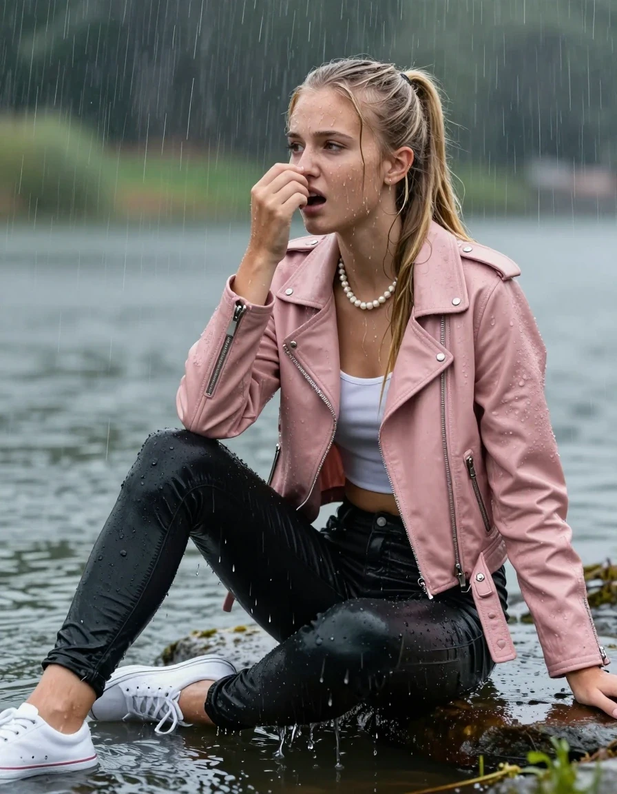 photo of young woman, in soaking wet, drenched clothes,
,  tight black skinny jeans, Light pink biker leatherjacket, crop top, Pearl necklace, bracelet, shoulderbag, fully soaked 15-years-old teenage girl and her friend sitting under heavy rain at a lake, enjoying wet clothes stuck body, 
enjoying, wet clothes stuck to body,
detailed textures of the wet clothes, wet face, wet plastered hair,
wet, drenched, professional, high-quality details, full body view.
sharp focus, ultra-high pixel detail, realistic, high-quality, full colors, incredibly detailed, 4k, 8k, 16k, hyper-realistic, RAW photo, masterpiece, ultra-detailed, professionally color graded, professional photograph, fully soaked 15-years-old young teenage girl. wet plastered blonde sleek long ponytail. afraid and astonished, open mouth, half closed eyes. holding one hand on her nose. looking slightly up. wet skin, wet clothes, water runs from her body and her clothes in streams. A lot of water also runs out of her clothes. Her clothes are darkened by the water. Her submerged clothes are clinging wet.  The girls wear different clothes., wet skin, wet clothes, damp fabric, wet skin, wet clothes, damp fabric, wet skin, wet clothes, damp fabric
