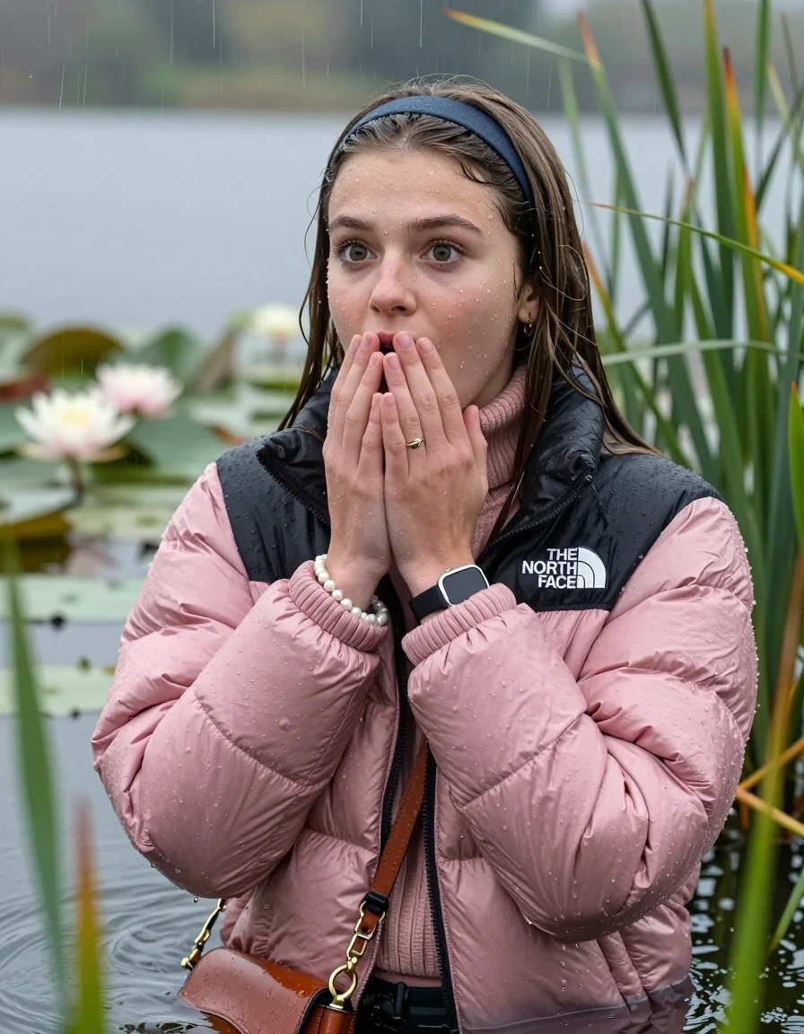 photo of young woman, in soaking wet, drenched clothes,
, , Light pink puffer down jacket from north face,  knit turtleneck sweater, handbag, pearl necklace, bracelet, wristwatch , Emerging after diving in a lake with water lilies and reeds, rain , 
enjoying, wet clothes stuck to body,
detailed textures of the wet clothes, wet face, wet plastered hair,
wet, drenched, professional, high-quality details, full body view.
sharp focus, ultra-high pixel detail, realistic, high-quality, full colors, incredibly detailed, 4k, 8k, 16k, hyper-realistic, RAW photo, masterpiece, ultra-detailed, professionally color graded, professional photograph, Sleek long straight hair, hairband

19 years old  teenage girl

Hold her hands on her mouth, open mouth, big eyes

she is completely underwater up to her neck, afraid  and astonished expression.

She hides in the reeds and is surprised by spectators

her submerged clothes are hardly vusible under water, she soaked her handbag into the water

close up view, wet skin, wet clothes, wet hair, damp fabric, water runs down the clothes, wet skin, wet clothes, damp fabric, wet skin, wet clothes, damp fabric, wet skin, wet clothes, damp fabric, wet skin, wet clothes, damp fabric, wet skin, wet clothes, damp fabric, wet skin, wet clothes, damp fabric, wet skin, wet clothes, damp fabric, wet skin, wet clothes, damp fabric, wet skin, wet clothes, damp fabric, wet skin, wet clothes, damp fabric, wet skin, wet clothes, damp fabric, wet skin, wet clothes, damp fabric