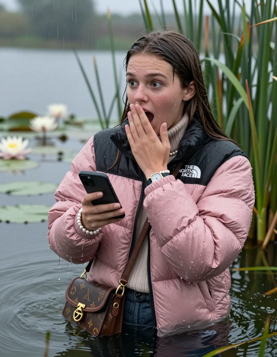 photo of young woman, in soaking wet, drenched clothes,
, , Light pink puffer down jacket from north face,  knit turtleneck sweater, handbag, pearl necklace, bracelet, wristwatch , Emerging after diving in a lake with water lilies and reeds, rain , 
enjoying, wet clothes stuck to body,
detailed textures of the wet clothes, wet face, wet plastered hair,
wet, drenched, professional, high-quality details, full body view.
sharp focus, ultra-high pixel detail, realistic, high-quality, full colors, incredibly detailed, 4k, 8k, 16k, hyper-realistic, RAW photo, masterpiece, ultra-detailed, professionally color graded, professional photograph, Brunette Sleek long straight hair

19 years old  teenage girl

open mouth, big eyes, cover her mouth with a hand and in the other hand her smartphone. Leaning back.  Looking to the side.

she is completely underwater up to her neck, afraid and astonished expression.

She hides in the reeds and is surprised by spectators

her submerged clothes are hardly vusible under water, she soaked her handbag into the water

close up view, wet skin, wet clothes, wet hair, damp fabric, water runs down the clothes, wet skin, wet clothes, damp fabric, wet skin, wet clothes, damp fabric, wet skin, wet clothes, damp fabric, wet skin, wet clothes, damp fabric, wet skin, wet clothes, damp fabric, wet skin, wet clothes, damp fabric, wet skin, wet clothes, damp fabric, wet skin, wet clothes, damp fabric, wet skin, wet clothes, damp fabric, wet skin, wet clothes, damp fabric, wet skin, wet clothes, damp fabric, wet skin, wet clothes, damp fabric, wet skin, wet clothes, damp fabric, wet skin, wet clothes, damp fabric, wet skin, wet clothes, damp fabric