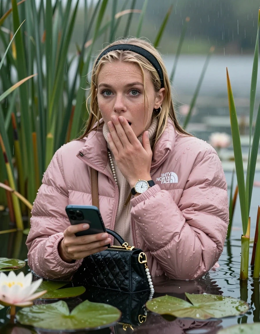 photo of young woman, in soaking wet, drenched clothes,
, , Light pink puffer down jacket from north face,  knit turtleneck sweater, handbag, pearl necklace, bracelet, wristwatch , Emerging after diving in a lake with water lilies and reeds, rain , 
enjoying, wet clothes stuck to body,
detailed textures of the wet clothes, wet face, wet plastered hair,
wet, drenched, professional, high-quality details, full body view.
sharp focus, ultra-high pixel detail, realistic, high-quality, full colors, incredibly detailed, 4k, 8k, 16k, hyper-realistic, RAW photo, masterpiece, ultra-detailed, professionally color graded, professional photograph, Blonde Sleek long straight hair with hairband

19 years old  teenage girl

open mouth, big eyes, cover her mouth with a hand and in the other hand her smartphone. Laying her breast on the surface.  Looking at camera.

she is completely underwater up to her neck, afraid and astonished expression.

She hides in the reeds and is surprised by spectators

her submerged clothes are hardly vusible under water, she soaked her handbag into the water

close up view, wet skin, wet clothes, wet hair, damp fabric, water runs down the clothes, wet skin, wet clothes, damp fabric, wet skin, wet clothes, damp fabric, wet skin, wet clothes, damp fabric, wet skin, wet clothes, damp fabric, wet skin, wet clothes, damp fabric, wet skin, wet clothes, damp fabric, wet skin, wet clothes, damp fabric, wet skin, wet clothes, damp fabric, wet skin, wet clothes, damp fabric, wet skin, wet clothes, damp fabric, wet skin, wet clothes, damp fabric, wet skin, wet clothes, damp fabric, wet skin, wet clothes, damp fabric, wet skin, wet clothes, damp fabric, wet skin, wet clothes, damp fabric, wet skin, wet clothes, damp fabric
