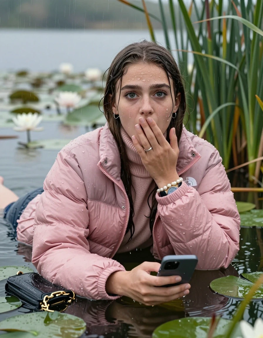 photo of young woman, in soaking wet, drenched clothes,
, , Light pink puffer down jacket from north face,  knit turtleneck sweater, handbag, pearl necklace, bracelet, wristwatch , Emerging after diving in a lake with water lilies and reeds, rain , 
enjoying, wet clothes stuck to body,
detailed textures of the wet clothes, wet face, wet plastered hair,
wet, drenched, professional, high-quality details, full body view.
sharp focus, ultra-high pixel detail, realistic, high-quality, full colors, incredibly detailed, 4k, 8k, 16k, hyper-realistic, RAW photo, masterpiece, ultra-detailed, professionally color graded, professional photograph, Brunette Sleek long straight hair

19 years old  teenage girl

open mouth, big eyes, cover her mouth with a hand and in the other hand her smartphone. Laying her breast on the surface.  Looking at camera.

she is completely underwater up to her neck, afraid and astonished expression.

She hides in the reeds and is surprised by spectators

her submerged clothes are hardly vusible under water, she soaked her handbag into the water

close up view, wet skin, wet clothes, wet hair, damp fabric, water runs down the clothes, wet skin, wet clothes, damp fabric, wet skin, wet clothes, damp fabric, wet skin, wet clothes, damp fabric, wet skin, wet clothes, damp fabric, wet skin, wet clothes, damp fabric, wet skin, wet clothes, damp fabric, wet skin, wet clothes, damp fabric, wet skin, wet clothes, damp fabric, wet skin, wet clothes, damp fabric, wet skin, wet clothes, damp fabric, wet skin, wet clothes, damp fabric, wet skin, wet clothes, damp fabric, wet skin, wet clothes, damp fabric, wet skin, wet clothes, damp fabric, wet skin, wet clothes, damp fabric