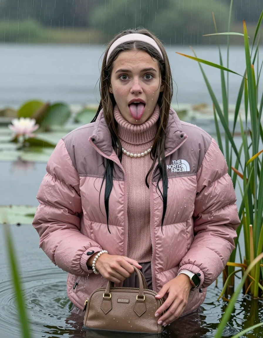 photo of young woman, in soaking wet, drenched clothes,
, , Light pink puffer down jacket from north face,  knit turtleneck sweater, handbag, pearl necklace, bracelet, wristwatch , Emerging after diving in a lake with water lilies and reeds, rain , 
enjoying, wet clothes stuck to body,
detailed textures of the wet clothes, wet face, wet plastered hair,
wet, drenched, professional, high-quality details, full body view.
sharp focus, ultra-high pixel detail, realistic, high-quality, full colors, incredibly detailed, 4k, 8k, 16k, hyper-realistic, RAW photo, masterpiece, ultra-detailed, professionally color graded, professional photograph, Sleek long straight hair, hairband

19 years old  teenage girl

Stick out her tongue, open mouth, big eyes

she is completely underwater up to her neck, afraid  and astonished expression.

She hides in the reeds and is surprised by spectators

her submerged clothes are hardly vusible under water, she soaked her handbag into the water

close up view, wet skin, wet clothes, wet hair, damp fabric, water runs down the clothes, wet skin, wet clothes, damp fabric, wet skin, wet clothes, damp fabric, wet skin, wet clothes, damp fabric, wet skin, wet clothes, damp fabric, wet skin, wet clothes, damp fabric, wet skin, wet clothes, damp fabric, wet skin, wet clothes, damp fabric, wet skin, wet clothes, damp fabric, wet skin, wet clothes, damp fabric, wet skin, wet clothes, damp fabric, wet skin, wet clothes, damp fabric, wet skin, wet clothes, damp fabric