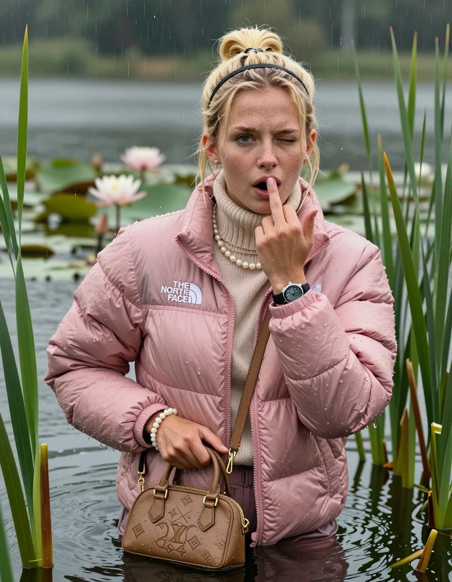 photo of young woman, in soaking wet, drenched clothes,
, , Light pink puffer down jacket from north face,  knit turtleneck sweater, handbag, pearl necklace, bracelet, wristwatch , Emerging after diving in a lake with water lilies and reeds, rain , 
enjoying, wet clothes stuck to body,
detailed textures of the wet clothes, wet face, wet plastered hair,
wet, drenched, professional, high-quality details, full body view.
sharp focus, ultra-high pixel detail, realistic, high-quality, full colors, incredibly detailed, 4k, 8k, 16k, hyper-realistic, RAW photo, masterpiece, ultra-detailed, professionally color graded, professional photograph, Blonde Sleek topknot with bangs, hairband18-years-old  teenage girl

Shows the stink finger, closed mouth, half closed eyes, looking up

she is completely underwater up to her neck, aroused expression.

She hides in the reeds and is surprised by spectators

her submerged clothes are hardly vusible under water, she soaked her handbag into the water

close up view, wet skin, wet clothes, wet hair, damp fabric, water runs down the clothes, wet skin, wet clothes, damp fabric, wet skin, wet clothes, damp fabric, wet skin, wet clothes, damp fabric, wet skin, wet clothes, damp fabric, wet skin, wet clothes, damp fabric, wet skin, wet clothes, damp fabric, wet skin, wet clothes, damp fabric, wet skin, wet clothes, damp fabric, wet skin, wet clothes, damp fabric, wet skin, wet clothes, damp fabric, wet skin, wet clothes, damp fabric, wet skin, wet clothes, damp fabric