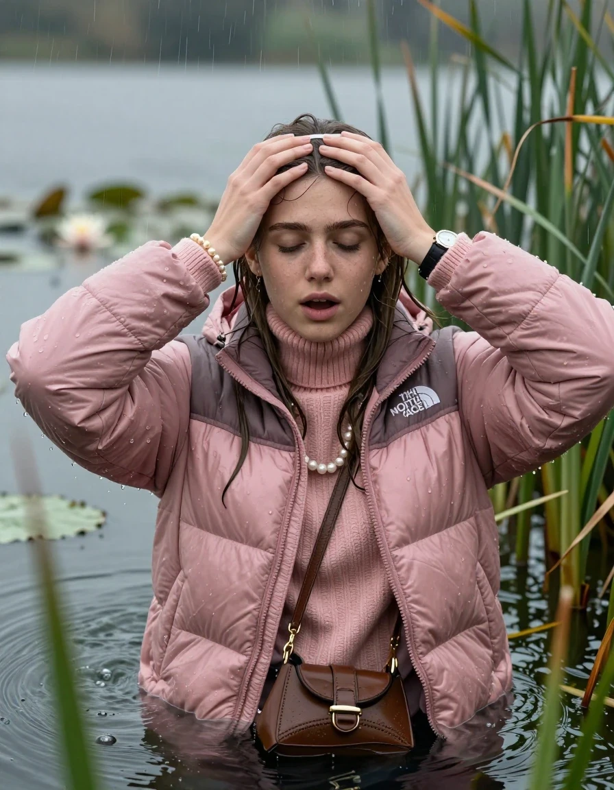 photo of young woman, in soaking wet, drenched clothes,
, , Light pink puffer down jacket from north face,  knit turtleneck sweater, handbag, pearl necklace, bracelet, wristwatch , knitted scarf, Emerging after diving in a lake with water lilies and reeds, rain , 
enjoying, wet clothes stuck to body,
detailed textures of the wet clothes, wet face, wet plastered hair,
wet, drenched, professional, high-quality details, full body view.
sharp focus, ultra-high pixel detail, realistic, high-quality, full colors, incredibly detailed, 4k, 8k, 16k, hyper-realistic, RAW photo, masterpiece, ultra-detailed, professionally color graded, professional photograph, Sleek long straight hair, hairband

19 years old  teenage girl

she is completely underwater up to her shoulders, careful and shy expression. Looking at camera. Hold her hands over her forehead. Open mouth, closed eyes. Ducks into the water.

She hides in the reeds and is surprised by spectators

her submerged clothes are hardly vusible under water, she soaked her handbag into the water

close up view, wet skin, wet clothes, wet hair, damp fabric, water runs down the clothes, wet skin, wet clothes, damp fabric, wet skin, wet clothes, damp fabric, wet skin, wet clothes, damp fabric, wet skin, wet clothes, damp fabric, wet skin, wet clothes, damp fabric, wet skin, wet clothes, damp fabric, wet skin, wet clothes, damp fabric, wet skin, wet clothes, damp fabric, wet skin, wet clothes, damp fabric, wet skin, wet clothes, damp fabric, wet skin, wet clothes, damp fabric, wet skin, wet clothes, damp fabric, wet skin, wet clothes, damp fabric, wet skin, wet clothes, damp fabric
