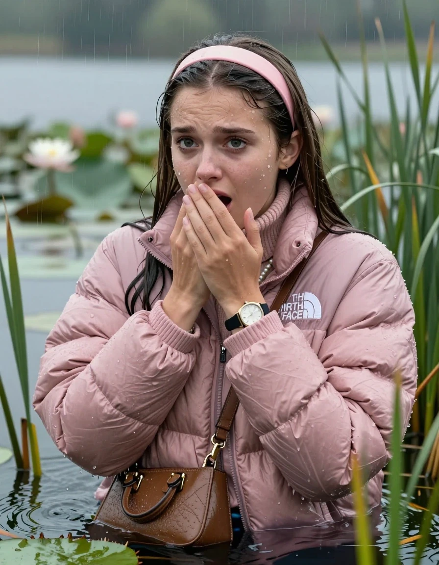 photo of young woman, in soaking wet, drenched clothes,
, , Light pink puffer down jacket from north face,  knit turtleneck sweater, handbag, pearl necklace, bracelet, wristwatch , Emerging after diving in a lake with water lilies and reeds, rain , 
enjoying, wet clothes stuck to body,
detailed textures of the wet clothes, wet face, wet plastered hair,
wet, drenched, professional, high-quality details, full body view.
sharp focus, ultra-high pixel detail, realistic, high-quality, full colors, incredibly detailed, 4k, 8k, 16k, hyper-realistic, RAW photo, masterpiece, ultra-detailed, professionally color graded, professional photograph, Sleek long straight hair, hairband

19 years old  teenage girl

Hold her hand on her mouth, open mouth, big eyes

she is completely underwater up to her neck, frustrated and sad expression.

She hides in the reeds and is surprised by spectators

her submerged clothes are hardly vusible under water, she soaked her handbag into the water

close up view, wet skin, wet clothes, wet hair, damp fabric, water runs down the clothes, wet skin, wet clothes, damp fabric, wet skin, wet clothes, damp fabric, wet skin, wet clothes, damp fabric, wet skin, wet clothes, damp fabric, wet skin, wet clothes, damp fabric, wet skin, wet clothes, damp fabric, wet skin, wet clothes, damp fabric, wet skin, wet clothes, damp fabric, wet skin, wet clothes, damp fabric, wet skin, wet clothes, damp fabric, wet skin, wet clothes, damp fabric, wet skin, wet clothes, damp fabric