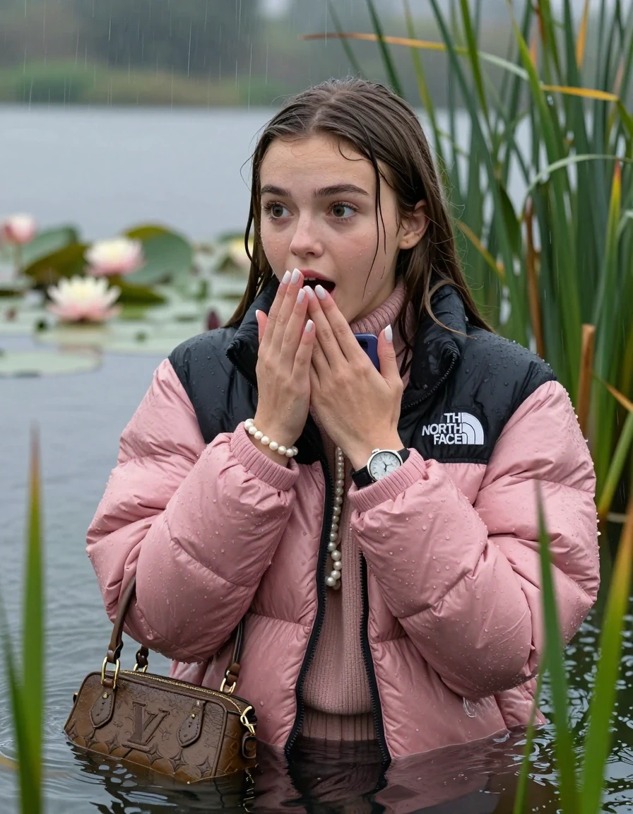 photo of young woman, in soaking wet, drenched clothes,
, , Light pink puffer down jacket from north face,  knit turtleneck sweater, handbag, pearl necklace, bracelet, wristwatch , french nails, Emerging after diving in a lake with water lilies and reeds, rain , 
enjoying, wet clothes stuck to body,
detailed textures of the wet clothes, wet face, wet plastered hair,
wet, drenched, professional, high-quality details, full body view.
sharp focus, ultra-high pixel detail, realistic, high-quality, full colors, incredibly detailed, 4k, 8k, 16k, hyper-realistic, RAW photo, masterpiece, ultra-detailed, professionally color graded, professional photograph, Brunette Sleek long straight hair

19 years old  teenage girl

open mouth, big eyes, hold one hand over her mouth and in the other hand her smartphone. Looking to the side.

she is completely underwater up to her neck, afraid and astonished expression.

She hides in the reeds and is surprised by spectators

her submerged clothes are hardly vusible under water, she soaked her handbag into the water

close up view, wet skin, wet clothes, wet hair, damp fabric, water runs down the clothes, wet skin, wet clothes, damp fabric, wet skin, wet clothes, damp fabric, wet skin, wet clothes, damp fabric, wet skin, wet clothes, damp fabric, wet skin, wet clothes, damp fabric, wet skin, wet clothes, damp fabric, wet skin, wet clothes, damp fabric, wet skin, wet clothes, damp fabric, wet skin, wet clothes, damp fabric, wet skin, wet clothes, damp fabric, wet skin, wet clothes, damp fabric, wet skin, wet clothes, damp fabric, wet skin, wet clothes, damp fabric, wet skin, wet clothes, damp fabric, wet skin, wet clothes, damp fabric