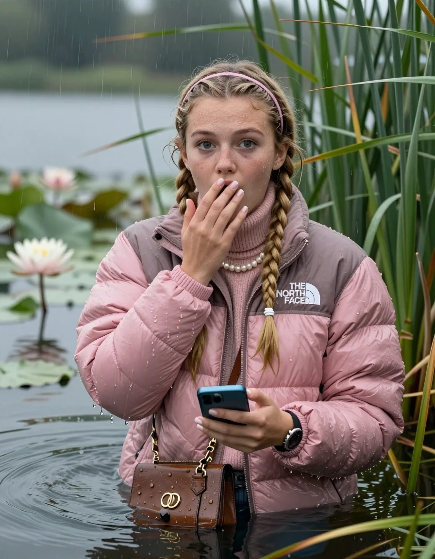 photo of young woman, in soaking wet, drenched clothes,
, , Light pink puffer down jacket from north face,  knit turtleneck sweater, handbag, pearl necklace, bracelet, wristwatch, small glasses, Emerging after diving in a lake with water lilies and reeds, rain , 
enjoying, wet clothes stuck to body,
detailed textures of the wet clothes, wet face, wet plastered hair,
wet, drenched, professional, high-quality details, full body view.
sharp focus, ultra-high pixel detail, realistic, high-quality, full colors, incredibly detailed, 4k, 8k, 16k, hyper-realistic, RAW photo, masterpiece, ultra-detailed, professionally color graded, professional photograph, Two blonde sleek long braids, hairband

19 years old  teenage girl

open mouth, big eyes, hold one hand over her mouth and in the other hand her smartphone. Looking at camera.

she is completely underwater up to her neck, afraid and astonished expression.

She hides in the reeds and is surprised by spectators

her submerged clothes are hardly vusible under water, she soaked her handbag into the water

close up view, wet skin, wet clothes, wet hair, damp fabric, water runs down the clothes, wet skin, wet clothes, damp fabric, wet skin, wet clothes, damp fabric, wet skin, wet clothes, damp fabric, wet skin, wet clothes, damp fabric, wet skin, wet clothes, damp fabric, wet skin, wet clothes, damp fabric, wet skin, wet clothes, damp fabric, wet skin, wet clothes, damp fabric, wet skin, wet clothes, damp fabric, wet skin, wet clothes, damp fabric, wet skin, wet clothes, damp fabric, wet skin, wet clothes, damp fabric, wet skin, wet clothes, damp fabric, wet skin, wet clothes, damp fabric