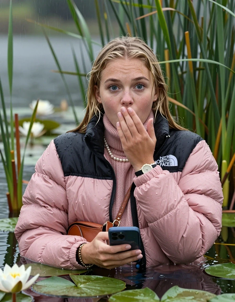 photo of young woman, in soaking wet, drenched clothes,
, , Light pink puffer down jacket from north face,  knit turtleneck sweater, handbag, pearl necklace, bracelet, wristwatch , Emerging after diving in a lake with water lilies and reeds, rain , 
enjoying, wet clothes stuck to body,
detailed textures of the wet clothes, wet face, wet plastered hair,
wet, drenched, professional, high-quality details, full body view.
sharp focus, ultra-high pixel detail, realistic, high-quality, full colors, incredibly detailed, 4k, 8k, 16k, hyper-realistic, RAW photo, masterpiece, ultra-detailed, professionally color graded, professional photograph, Blonde Sleek long straight hair

19 years old  teenage girl

open mouth, big eyes, cover her mouth with a hand and in the other hand her smartphone. Laying her breast on the surface.  Looking at camera.

she is completely underwater up to her neck, afraid and astonished expression.

She hides in the reeds and is surprised by spectators

her submerged clothes are hardly vusible under water, she soaked her handbag into the water

close up view, wet skin, wet clothes, wet hair, damp fabric, water runs down the clothes, wet skin, wet clothes, damp fabric, wet skin, wet clothes, damp fabric, wet skin, wet clothes, damp fabric, wet skin, wet clothes, damp fabric, wet skin, wet clothes, damp fabric, wet skin, wet clothes, damp fabric, wet skin, wet clothes, damp fabric, wet skin, wet clothes, damp fabric, wet skin, wet clothes, damp fabric, wet skin, wet clothes, damp fabric, wet skin, wet clothes, damp fabric, wet skin, wet clothes, damp fabric, wet skin, wet clothes, damp fabric, wet skin, wet clothes, damp fabric, wet skin, wet clothes, damp fabric, wet skin, wet clothes, damp fabric