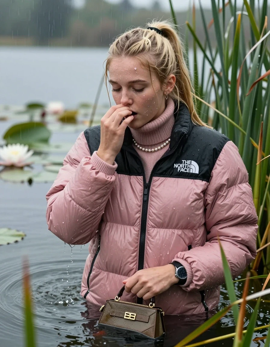 photo of young woman, in soaking wet, drenched clothes,
, , Light pink puffer down jacket from north face,  knit turtleneck sweater, handbag, pearl necklace, bracelet, wristwatch , Emerging after diving in a lake with water lilies and reeds, rain , 
enjoying, wet clothes stuck to body,
detailed textures of the wet clothes, wet face, wet plastered hair,
wet, drenched, professional, high-quality details, full body view.
sharp focus, ultra-high pixel detail, realistic, high-quality, full colors, incredibly detailed, 4k, 8k, 16k, hyper-realistic, RAW photo, masterpiece, ultra-detailed, professionally color graded, professional photograph, Blonde Sleek long ponytail with bangs, hairband

18-years-old  teenage girl

Hold a hand on her nose, closed mouth, half closed eyes

she is completely underwater up to her neck, shocked expression.

She hides in the reeds and is surprised by spectators

her submerged clothes are hardly vusible under water, she soaked her handbag into the water

close up view, wet skin, wet clothes, wet hair, damp fabric, water runs down the clothes, wet skin, wet clothes, damp fabric, wet skin, wet clothes, damp fabric, wet skin, wet clothes, damp fabric, wet skin, wet clothes, damp fabric, wet skin, wet clothes, damp fabric, wet skin, wet clothes, damp fabric, wet skin, wet clothes, damp fabric, wet skin, wet clothes, damp fabric, wet skin, wet clothes, damp fabric, wet skin, wet clothes, damp fabric, wet skin, wet clothes, damp fabric, wet skin, wet clothes, damp fabric