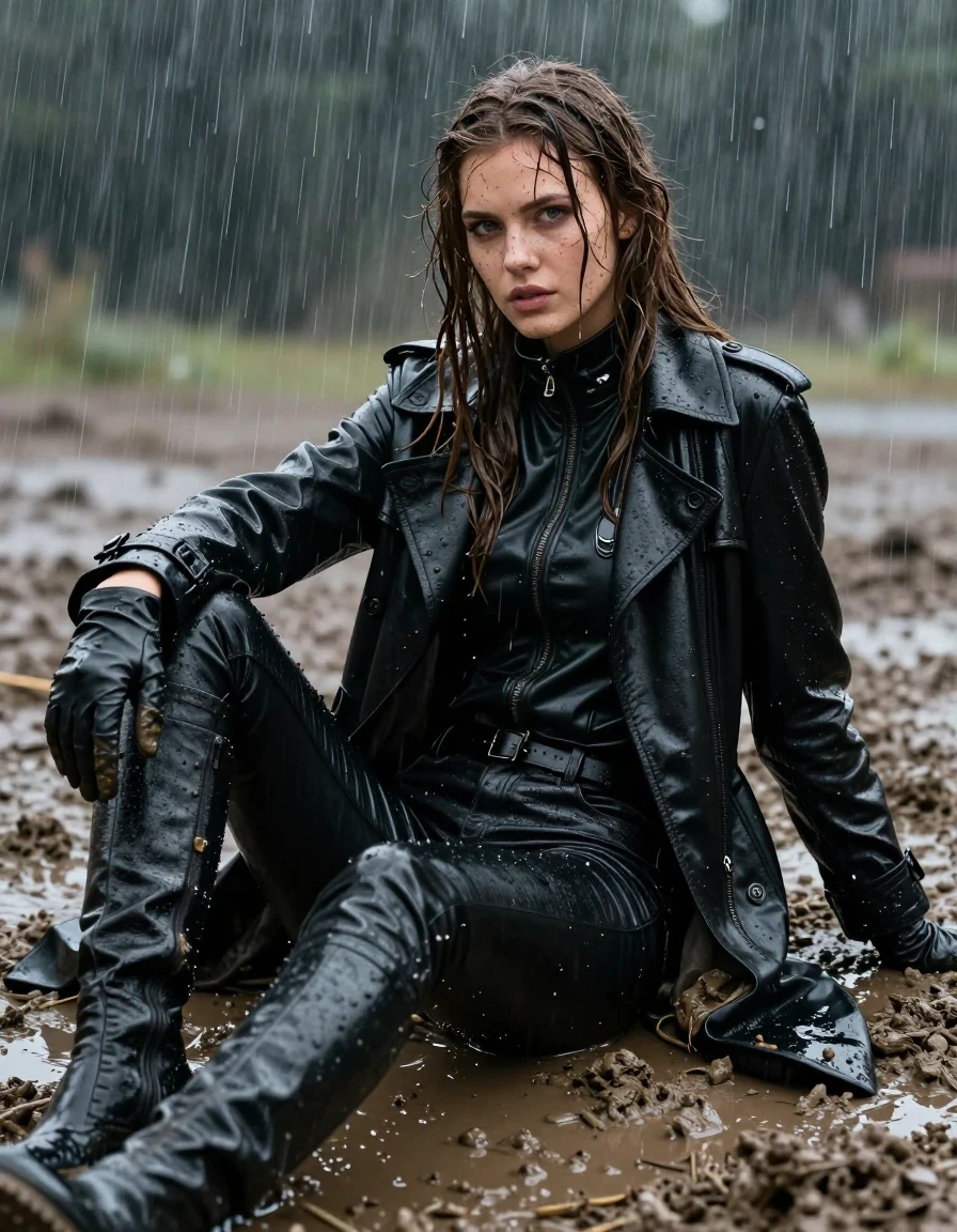 A photorealistic portrait of a young adult European woman with long, dripping wet brown hair, sitting in a muddy pit during a heavy rainstorm. She is wearing a black leather polar neck shirt, black leather jeans, a long black leather trench coat, and black leather knee-high boots, with matching leather gloves on both hands. Her skin and clothing are heavily soaked, with the leather glistening under the rain, showing deep, saturated tones, heavy folds, and a slick, water-sheen texture. She is covered in thick, dark mud splattered across her face, hair, and garments. The atmosphere is gloomy and wet, with rain cascading around her. The image captures high-detail textures, realistic wet skin, clinging damp fabric, and sharp focus on the contrast between the glossy mud-slicked leather and the environment. Cinematic lighting, 8k resolution, hyper-realistic, high-contrast wet textures, no nudity, fully clothed.