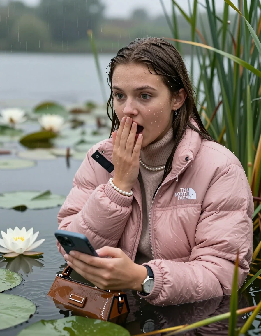 photo of young woman, in soaking wet, drenched clothes,
, , Light pink puffer down jacket from north face,  knit turtleneck sweater, handbag, pearl necklace, bracelet, wristwatch , Emerging after diving in a lake with water lilies and reeds, rain , 
enjoying, wet clothes stuck to body,
detailed textures of the wet clothes, wet face, wet plastered hair,
wet, drenched, professional, high-quality details, full body view.
sharp focus, ultra-high pixel detail, realistic, high-quality, full colors, incredibly detailed, 4k, 8k, 16k, hyper-realistic, RAW photo, masterpiece, ultra-detailed, professionally color graded, professional photograph, Brunette Sleek long straight hair

19 years old  teenage girl

open mouth, big eyes, cover her mouth with a hand and in the other hand her smartphone. Laying her breast on the surface.  Looking to the side.

she is completely underwater up to her neck, afraid and astonished expression.

She hides in the reeds and is surprised by spectators

her submerged clothes are hardly vusible under water, she soaked her handbag into the water

close up view, wet skin, wet clothes, wet hair, damp fabric, water runs down the clothes, wet skin, wet clothes, damp fabric, wet skin, wet clothes, damp fabric, wet skin, wet clothes, damp fabric, wet skin, wet clothes, damp fabric, wet skin, wet clothes, damp fabric, wet skin, wet clothes, damp fabric, wet skin, wet clothes, damp fabric, wet skin, wet clothes, damp fabric, wet skin, wet clothes, damp fabric, wet skin, wet clothes, damp fabric, wet skin, wet clothes, damp fabric, wet skin, wet clothes, damp fabric, wet skin, wet clothes, damp fabric, wet skin, wet clothes, damp fabric, wet skin, wet clothes, damp fabric
