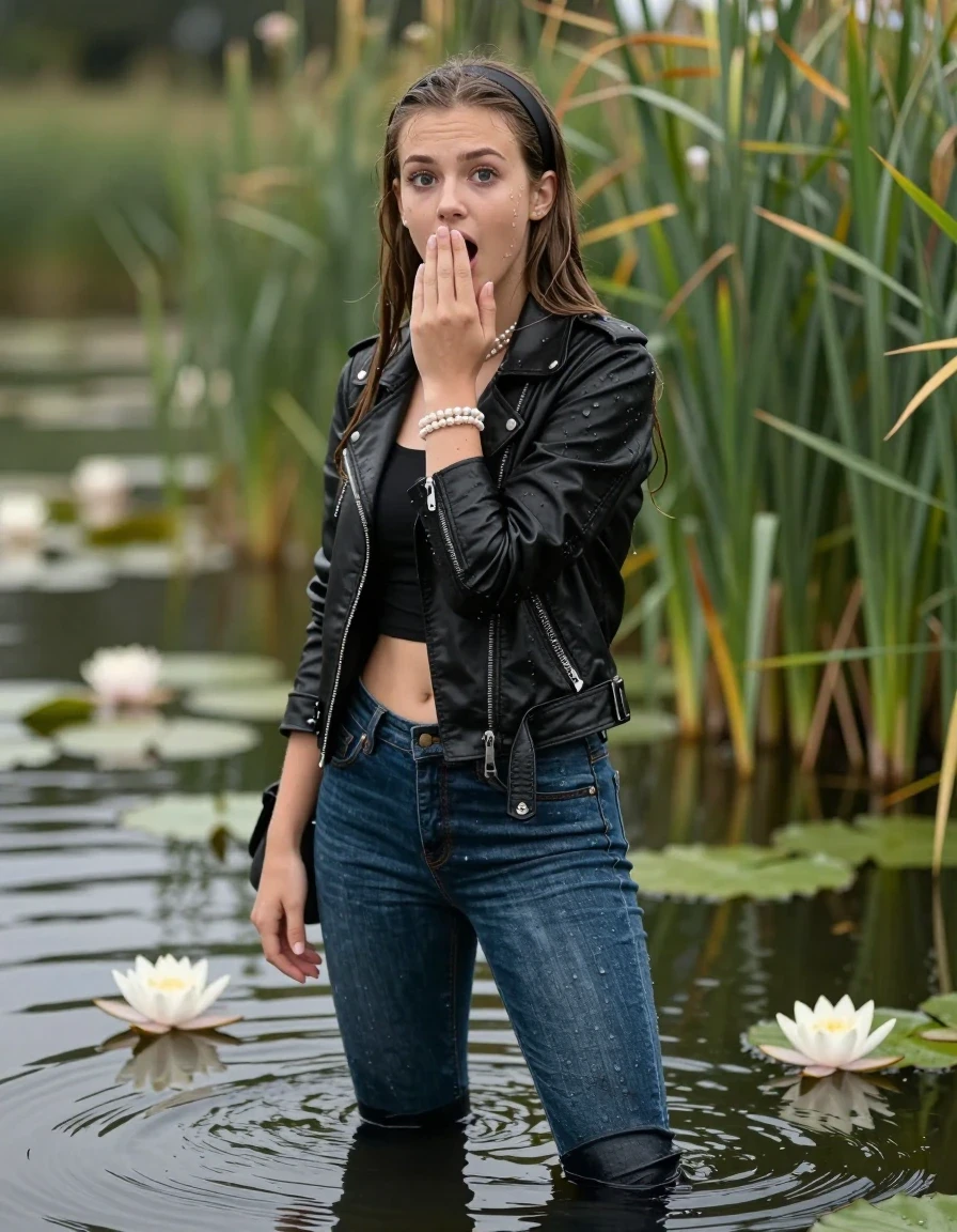 photo of young woman, in soaking wet, drenched clothes,
, soaking wet tight skinny jeans, Black biker leatherjacket, crop top, Pearl necklace, bracelet, shoulderbag, looking from back to camera submerged in lake with water lilies and reeds, 
enjoying, wet clothes stuck to body,
detailed textures of the wet clothes, wet face, wet plastered hair,
wet, drenched, professional, high-quality details, full body view.
sharp focus, ultra-high pixel detail, realistic, high-quality, full colors, incredibly detailed, 4k, 8k, 16k, hyper-realistic, RAW photo, masterpiece, ultra-detailed, professionally color graded, professional photograph, A realistic vertical fashion photograph of a 15-years-old young teenage girl. afraid and astonished, open mouth, big eyes. holding her hand over her mouth. sleek long straight hair with hairband. looking at camera., wet skin, wet clothes, damp fabric, wet skin, wet clothes, damp fabric