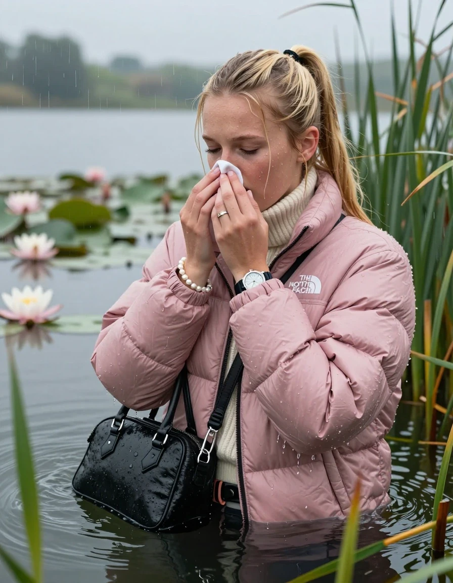 photo of young woman, in soaking wet, drenched clothes,
, , Light pink puffer down jacket from north face,  knit turtleneck sweater, handbag, pearl necklace, bracelet, wristwatch , Emerging after diving in a lake with water lilies and reeds, rain , 
enjoying, wet clothes stuck to body,
detailed textures of the wet clothes, wet face, wet plastered hair,
wet, drenched, professional, high-quality details, full body view.
sharp focus, ultra-high pixel detail, realistic, high-quality, full colors, incredibly detailed, 4k, 8k, 16k, hyper-realistic, RAW photo, masterpiece, ultra-detailed, professionally color graded, professional photograph, Blonde Sleek long ponytail with bangs, hairband

18-years-old  teenage girl

Hold a hand over her nose, closed mouth, half closed eyes

she is completely underwater up to her neck, shocked expression.

She hides in the reeds and is surprised by spectators

her submerged clothes are hardly vusible under water, she soaked her handbag into the water

close up view, wet skin, wet clothes, wet hair, damp fabric, water runs down the clothes, wet skin, wet clothes, damp fabric, wet skin, wet clothes, damp fabric, wet skin, wet clothes, damp fabric, wet skin, wet clothes, damp fabric, wet skin, wet clothes, damp fabric, wet skin, wet clothes, damp fabric, wet skin, wet clothes, damp fabric, wet skin, wet clothes, damp fabric, wet skin, wet clothes, damp fabric, wet skin, wet clothes, damp fabric, wet skin, wet clothes, damp fabric, wet skin, wet clothes, damp fabric