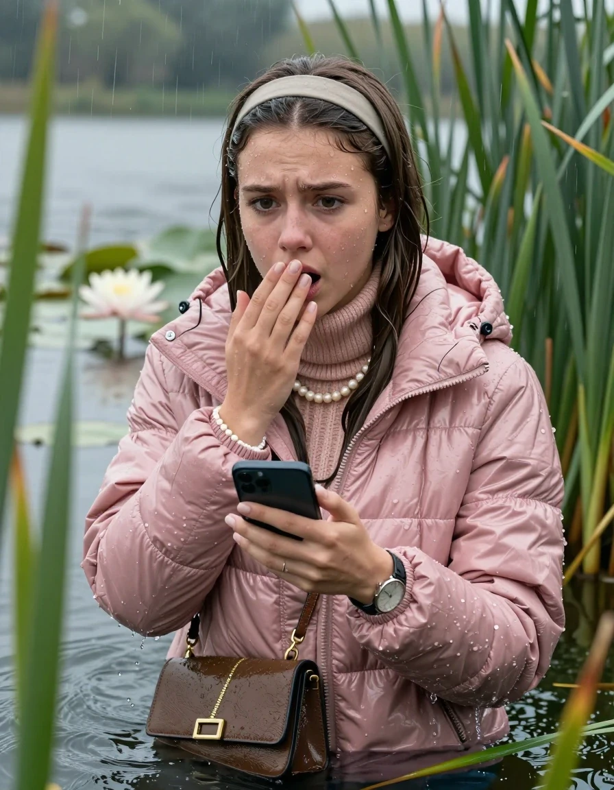 photo of young woman, in soaking wet, drenched clothes,
, , Light pink shiny puffer down jacket from monclare,  knit turtleneck sweater, handbag, pearl necklace, bracelet, wristwatch , Emerging after diving in a lake with water lilies and reeds, rain , 
enjoying, wet clothes stuck to body,
detailed textures of the wet clothes, wet face, wet plastered hair,
wet, drenched, professional, high-quality details, full body view.
sharp focus, ultra-high pixel detail, realistic, high-quality, full colors, incredibly detailed, 4k, 8k, 16k, hyper-realistic, RAW photo, masterpiece, ultra-detailed, professionally color graded, professional photograph, Sleek long straight hair, hairband

19 years old  teenage girl

Hold her hand on her mouth, open mouth, big eyes, try to call help with her smartphone

she is completely underwater up to her neck, frustrated and sad expression.

She hides in the reeds and is surprised by spectators

her submerged clothes are hardly vusible under water, she soaked her handbag into the water

close up view, wet skin, wet clothes, wet hair, damp fabric, water runs down the clothes, wet skin, wet clothes, damp fabric, wet skin, wet clothes, damp fabric, wet skin, wet clothes, damp fabric, wet skin, wet clothes, damp fabric, wet skin, wet clothes, damp fabric, wet skin, wet clothes, damp fabric, wet skin, wet clothes, damp fabric, wet skin, wet clothes, damp fabric, wet skin, wet clothes, damp fabric, wet skin, wet clothes, damp fabric, wet skin, wet clothes, damp fabric, wet skin, wet clothes, damp fabric, wet skin, wet clothes, damp fabric