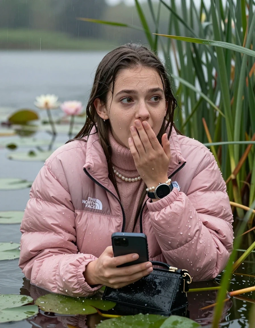 photo of young woman, in soaking wet, drenched clothes,
, , Light pink puffer down jacket from north face,  knit turtleneck sweater, handbag, pearl necklace, bracelet, wristwatch , Emerging after diving in a lake with water lilies and reeds, rain , 
enjoying, wet clothes stuck to body,
detailed textures of the wet clothes, wet face, wet plastered hair,
wet, drenched, professional, high-quality details, full body view.
sharp focus, ultra-high pixel detail, realistic, high-quality, full colors, incredibly detailed, 4k, 8k, 16k, hyper-realistic, RAW photo, masterpiece, ultra-detailed, professionally color graded, professional photograph, Brunette Sleek long straight hair

19 years old  teenage girl

open mouth, big eyes, cover her mouth with a hand and in the other hand her smartphone. Laying her breast on the surface.  Looking to the side.

she is completely underwater up to her neck, afraid and astonished expression.

She hides in the reeds and is surprised by spectators

her submerged clothes are hardly vusible under water, she soaked her handbag into the water

close up view, wet skin, wet clothes, wet hair, damp fabric, water runs down the clothes, wet skin, wet clothes, damp fabric, wet skin, wet clothes, damp fabric, wet skin, wet clothes, damp fabric, wet skin, wet clothes, damp fabric, wet skin, wet clothes, damp fabric, wet skin, wet clothes, damp fabric, wet skin, wet clothes, damp fabric, wet skin, wet clothes, damp fabric, wet skin, wet clothes, damp fabric, wet skin, wet clothes, damp fabric, wet skin, wet clothes, damp fabric, wet skin, wet clothes, damp fabric, wet skin, wet clothes, damp fabric, wet skin, wet clothes, damp fabric, wet skin, wet clothes, damp fabric