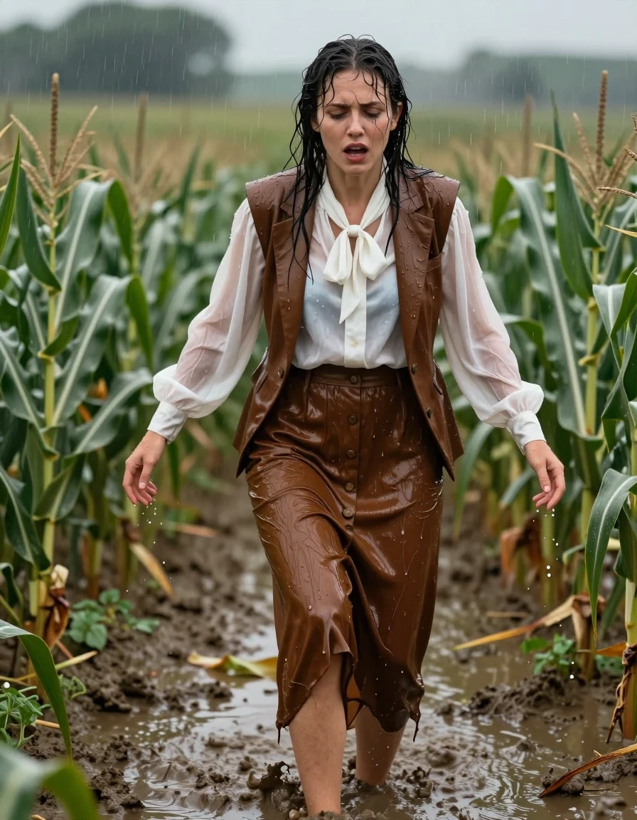photo of young woman, in soaking wet, drenched clothes,
barefoot, buttoned down brown long skirt, oversized long sleeved white silk blouse with bowtie, brown tuxedo jacket, corn fields, 
enjoying, wet clothes stuck to body,
detailed textures of the wet clothes, wet face, wet plastered hair,
wet, drenched, professional, high-quality details, full body view.
sharp focus, ultra-high pixel detail, realistic, high-quality, full colors, incredibly detailed, 4k, 8k, 16k, hyper-realistic, RAW photo, masterpiece, ultra-detailed, professionally color graded, professional photograph, sinking in the mud during a rainstorm, panicking, wet skin, wet clothes, damp fabric, wet skin, wet clothes, damp fabric