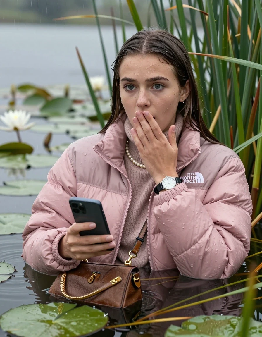 photo of young woman, in soaking wet, drenched clothes,
, , Light pink puffer down jacket from north face,  knit turtleneck sweater, handbag, pearl necklace, bracelet, wristwatch , Emerging after diving in a lake with water lilies and reeds, rain , 
enjoying, wet clothes stuck to body,
detailed textures of the wet clothes, wet face, wet plastered hair,
wet, drenched, professional, high-quality details, full body view.
sharp focus, ultra-high pixel detail, realistic, high-quality, full colors, incredibly detailed, 4k, 8k, 16k, hyper-realistic, RAW photo, masterpiece, ultra-detailed, professionally color graded, professional photograph, Brunette Sleek long straight hair

19 years old  teenage girl

open mouth, big eyes, cover her mouth with a hand and in the other hand her smartphone. Laying her breast on the surface.  Looking at camera.

she is completely underwater up to her neck, afraid and astonished expression.

She hides in the reeds and is surprised by spectators

her submerged clothes are hardly vusible under water, she soaked her handbag into the water

close up view, wet skin, wet clothes, wet hair, damp fabric, water runs down the clothes, wet skin, wet clothes, damp fabric, wet skin, wet clothes, damp fabric, wet skin, wet clothes, damp fabric, wet skin, wet clothes, damp fabric, wet skin, wet clothes, damp fabric, wet skin, wet clothes, damp fabric, wet skin, wet clothes, damp fabric, wet skin, wet clothes, damp fabric, wet skin, wet clothes, damp fabric, wet skin, wet clothes, damp fabric, wet skin, wet clothes, damp fabric, wet skin, wet clothes, damp fabric, wet skin, wet clothes, damp fabric, wet skin, wet clothes, damp fabric, wet skin, wet clothes, damp fabric, wet skin, wet clothes, damp fabric
