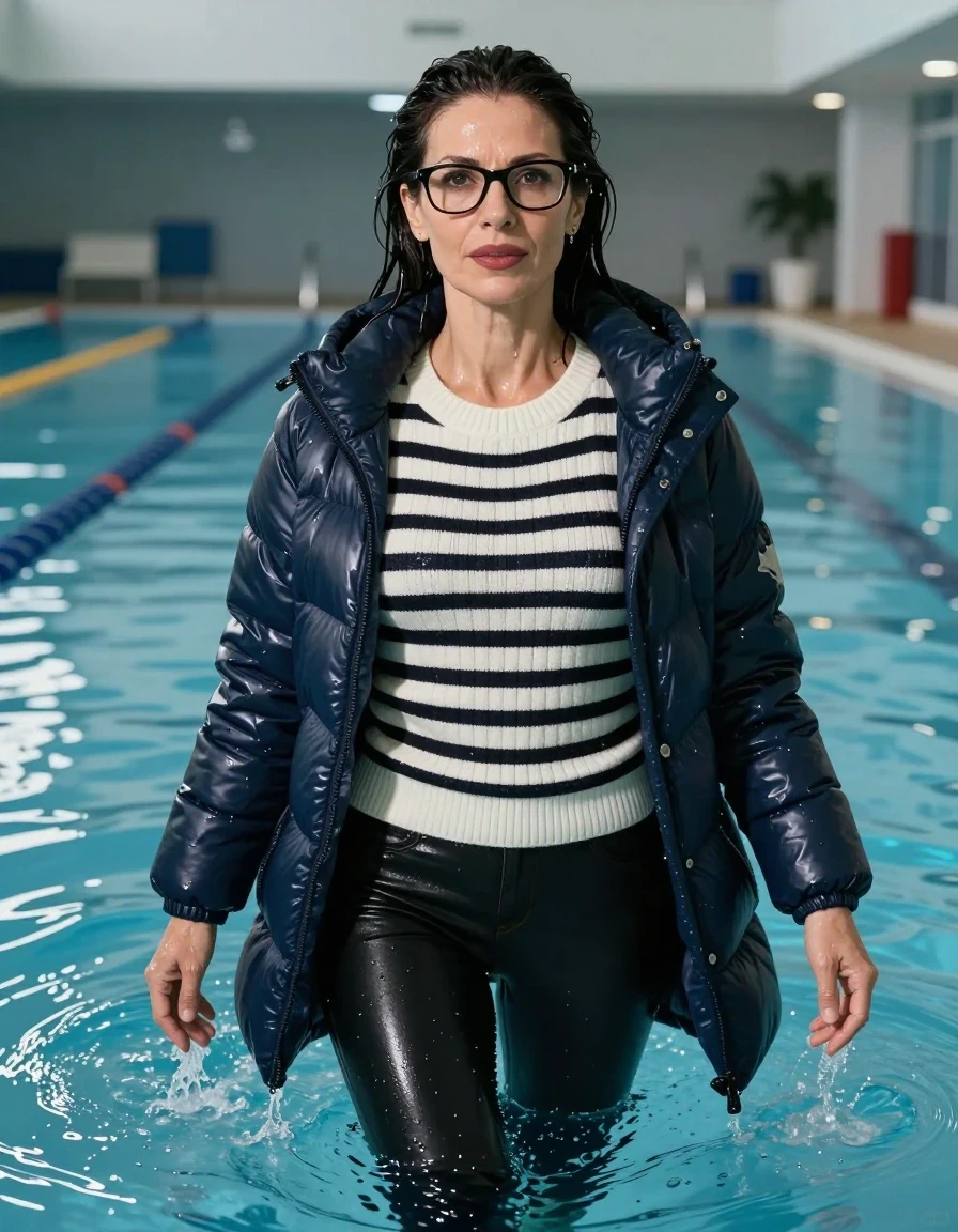 photo of young woman, in soaking wet, drenched clothes,
shoes, long black leather jeans, WHITE & BLACK STRIPED sweater DRESS with neck, maxi dark blue DOWN JACKET, swim under water, indoor swimming pool, enjoying wet clothes stuck body, 
enjoying, wet clothes stuck to body,
detailed textures of the wet clothes, wet face, wet plastered hair,
wet, drenched, professional, high-quality details, full body view.
sharp focus, ultra-high pixel detail, realistic, high-quality, full colors, incredibly detailed, 4k, 8k, 16k, hyper-realistic, RAW photo, masterpiece, ultra-detailed, professionally color graded, professional photograph, europen brunette skinny woman 50 years old, long dark black hair, very big and thick lips,  office glasses, complete body, wet skin, wet clothes, damp fabric, wet skin, wet clothes, damp fabric, wet skin, wet clothes, damp fabric, wet skin, wet clothes, damp fabric, wet skin, wet clothes, damp fabric