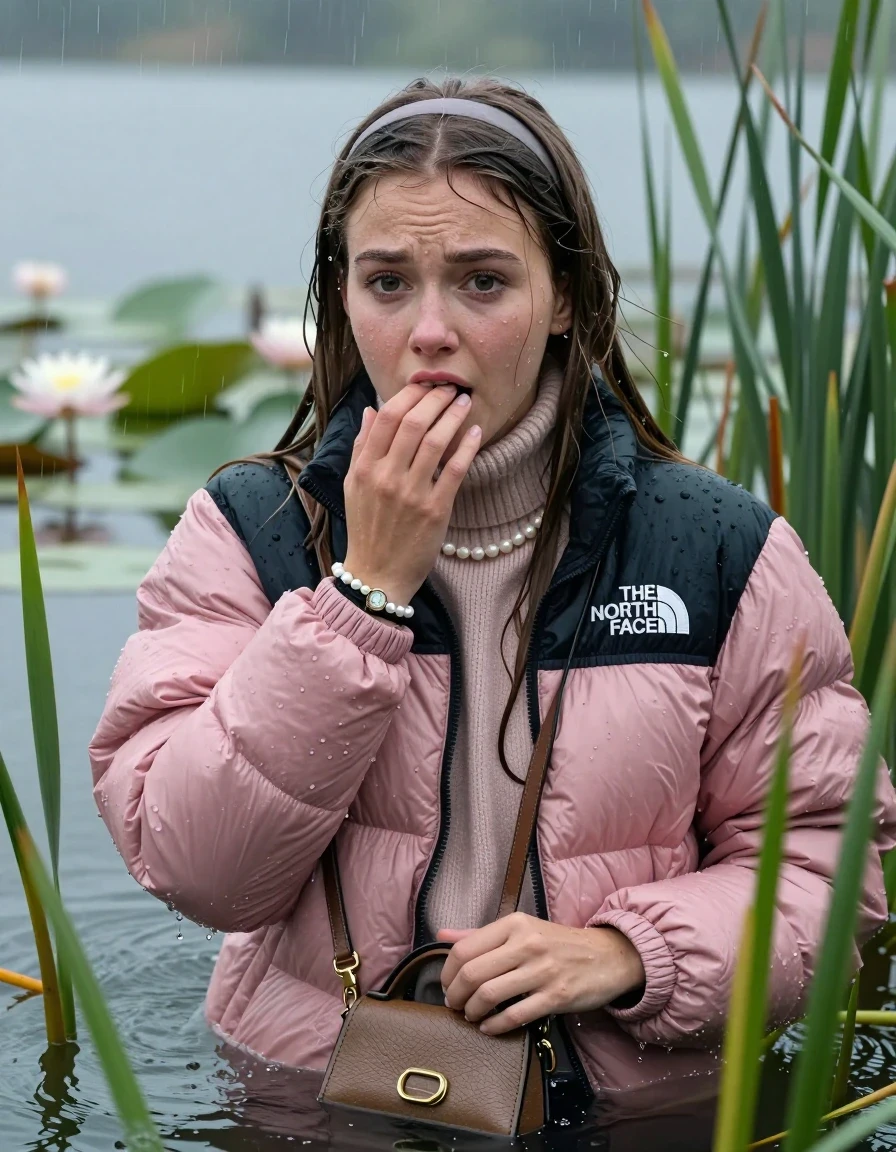 photo of young woman, in soaking wet, drenched clothes,
, , Light pink puffer down jacket from north face,  knit turtleneck sweater, handbag, pearl necklace, bracelet, wristwatch , Emerging after diving in a lake with water lilies and reeds, rain , 
enjoying, wet clothes stuck to body,
detailed textures of the wet clothes, wet face, wet plastered hair,
wet, drenched, professional, high-quality details, full body view.
sharp focus, ultra-high pixel detail, realistic, high-quality, full colors, incredibly detailed, 4k, 8k, 16k, hyper-realistic, RAW photo, masterpiece, ultra-detailed, professionally color graded, professional photograph, Sleek long straight hair, hairband

19 years old  teenage girl

Hold her hand on her mouth, open mouth, big eyes

she is completely underwater up to her neck, frustrated and sad expression.

She hides in the reeds and is surprised by spectators

her submerged clothes are hardly vusible under water, she soaked her handbag into the water

close up view, wet skin, wet clothes, wet hair, damp fabric, water runs down the clothes, wet skin, wet clothes, damp fabric, wet skin, wet clothes, damp fabric, wet skin, wet clothes, damp fabric, wet skin, wet clothes, damp fabric, wet skin, wet clothes, damp fabric, wet skin, wet clothes, damp fabric, wet skin, wet clothes, damp fabric, wet skin, wet clothes, damp fabric, wet skin, wet clothes, damp fabric, wet skin, wet clothes, damp fabric, wet skin, wet clothes, damp fabric, wet skin, wet clothes, damp fabric