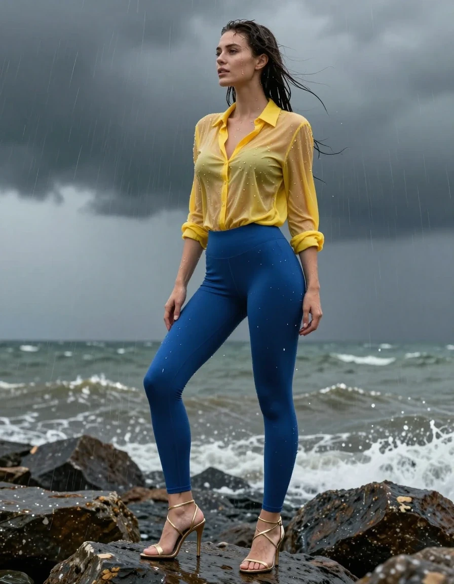 photo of young woman, in soaking wet, drenched clothes,
Strappy gold stilettos , Blue leggings , Yellow blouse , Standing on rocks, 
enjoying, wet clothes stuck to body,
detailed textures of the wet clothes, wet face, wet plastered hair,
wet, drenched, professional, high-quality details, full body view.
sharp focus, ultra-high pixel detail, realistic, high-quality, full colors, incredibly detailed, 4k, 8k, 16k, hyper-realistic, RAW photo, masterpiece, ultra-detailed, professionally color graded, professional photograph, Lone, in Storm, wet skin, wet clothes, damp fabric