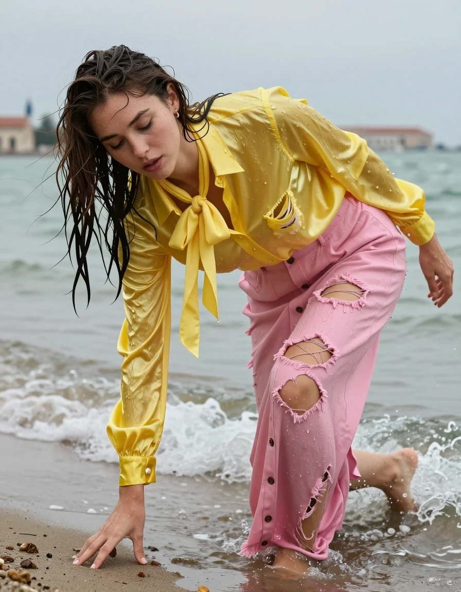 photo of young woman, in soaking wet, drenched clothes,
barefoot, ripped buttoned down pink long skirt, ripped oversized long sleeved yellow silk blouse with bowtie, venice beach, 
enjoying, wet clothes stuck to body,
detailed textures of the wet clothes, wet face, wet plastered hair,
wet, drenched, professional, high-quality details, full body view.
sharp focus, ultra-high pixel detail, realistic, high-quality, full colors, incredibly detailed, 4k, 8k, 16k, hyper-realistic, RAW photo, masterpiece, ultra-detailed, professionally color graded, professional photograph, exhausted, crawling out to the shore during a storm, clothes are ripped and torn, wet skin, wet clothes, damp fabric