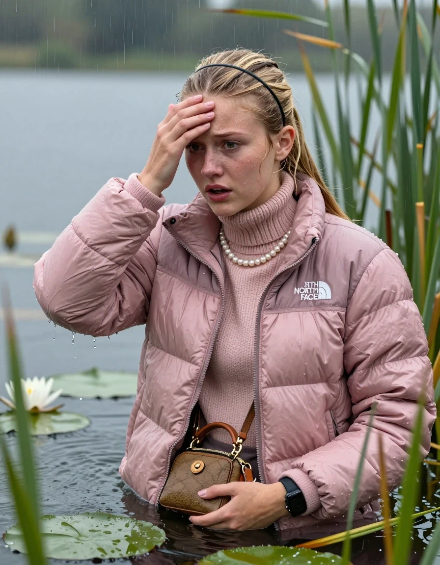 photo of young woman, in soaking wet, drenched clothes,
, , Light pink puffer down jacket from north face,  knit turtleneck sweater, handbag, pearl necklace, bracelet, wristwatch , Emerging after diving in a lake with water lilies and reeds, rain , 
enjoying, wet clothes stuck to body,
detailed textures of the wet clothes, wet face, wet plastered hair,
wet, drenched, professional, high-quality details, full body view.
sharp focus, ultra-high pixel detail, realistic, high-quality, full colors, incredibly detailed, 4k, 8k, 16k, hyper-realistic, RAW photo, masterpiece, ultra-detailed, professionally color graded, professional photograph, Blonde Sleek long ponytail, hairband

15 years old  teenage girl

Hold her hand on her forehead, open mouth, big eyes

she is completely underwater up to her neck, frustrated and sad expression.

She hides in the reeds and is surprised by spectators

her submerged clothes are hardly vusible under water, she soaked her handbag into the water

close up view, wet skin, wet clothes, wet hair, damp fabric, water runs down the clothes, wet skin, wet clothes, damp fabric, wet skin, wet clothes, damp fabric, wet skin, wet clothes, damp fabric, wet skin, wet clothes, damp fabric, wet skin, wet clothes, damp fabric, wet skin, wet clothes, damp fabric, wet skin, wet clothes, damp fabric, wet skin, wet clothes, damp fabric, wet skin, wet clothes, damp fabric, wet skin, wet clothes, damp fabric, wet skin, wet clothes, damp fabric, wet skin, wet clothes, damp fabric